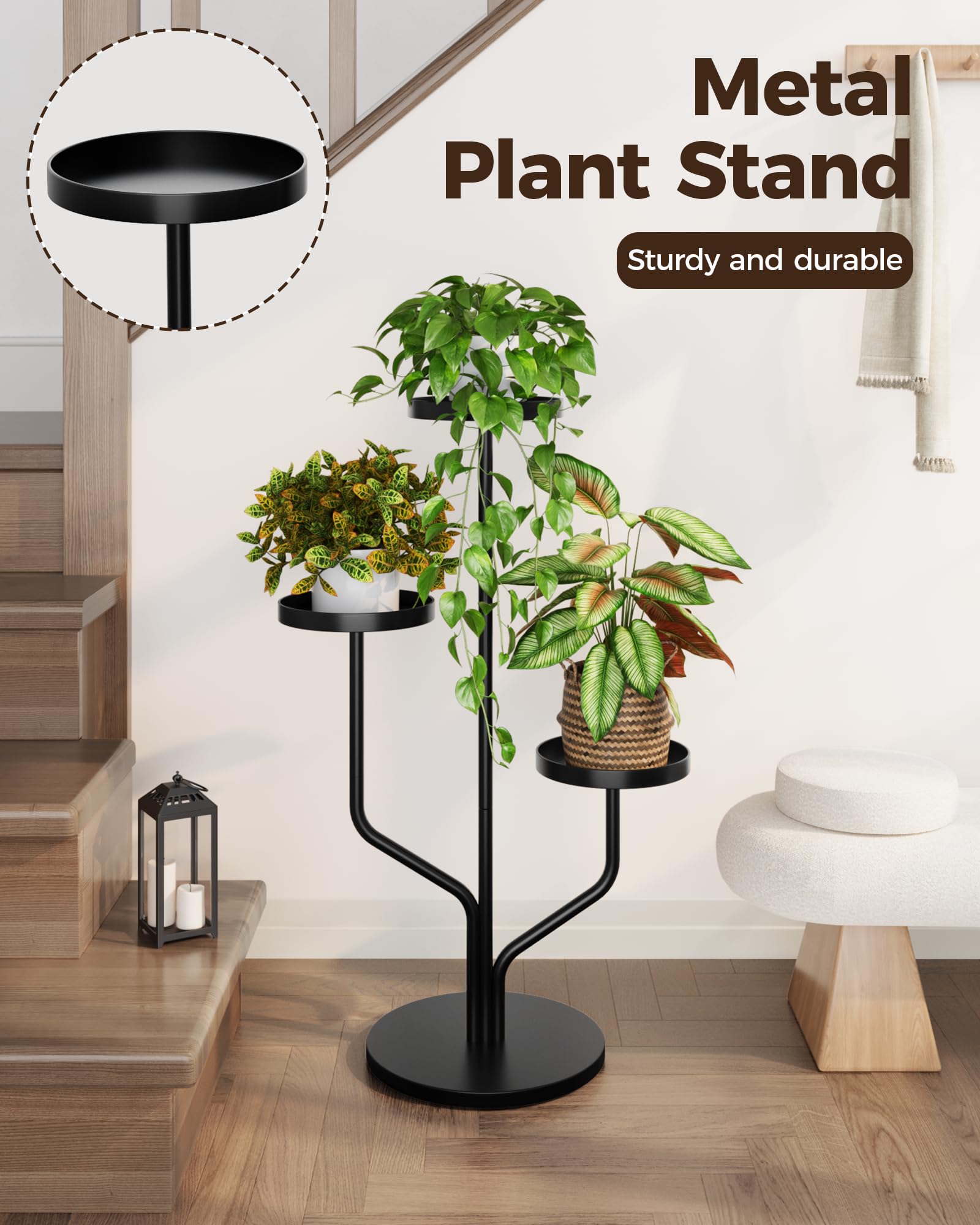 Bamworld Plant Stand Indoor 3-Tier Metal Plant Shelf for Multiple Plants Corner Tall Flower Stand for Living Room Balcony Garden - Image 4