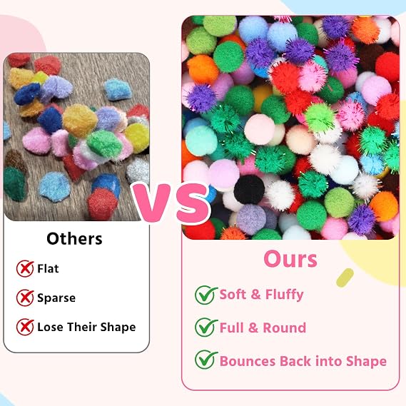 RITOLLO 1200 Pom Poms for Crafts, 8 mm Mini Coloured & Glitter Pom Poms