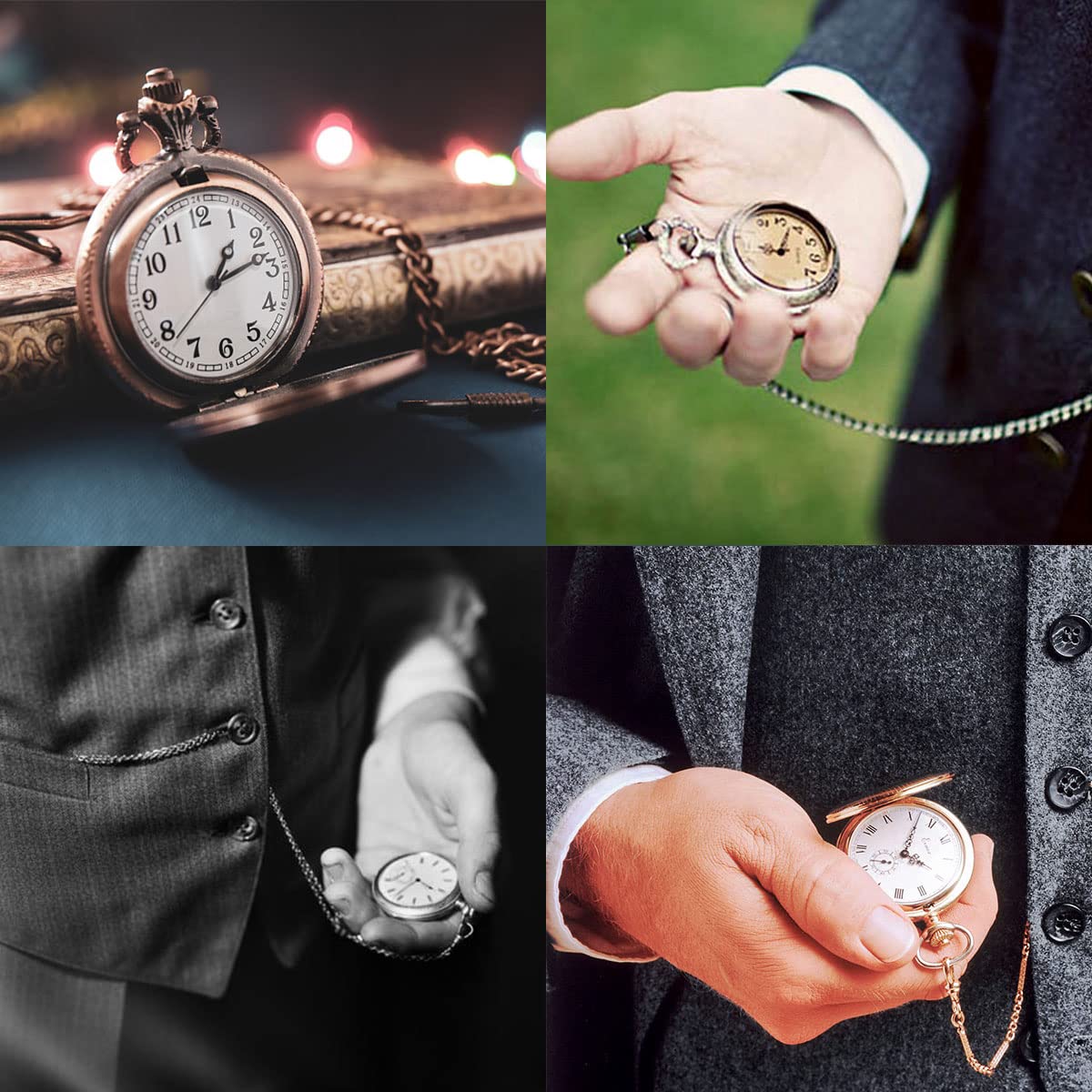 Butyeak Montre Chaîne de Gilet, Chaîne de Montre de Poche, Chaîne à Maillons Gourmette, Chaîne de Montre de Poche à Clip, Chaîne de Gilet de Poche en Alliage de Métal Vintage, 4 Pièces