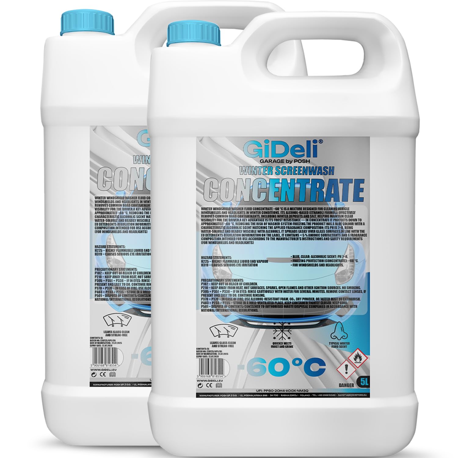 GiDeli Antigel concentré pour pare-brise - 2 x 5 l - Antigel -60 °C - Eau d'essuyage pour protection contre le gel - Nettoyant pour vitres d'hiver