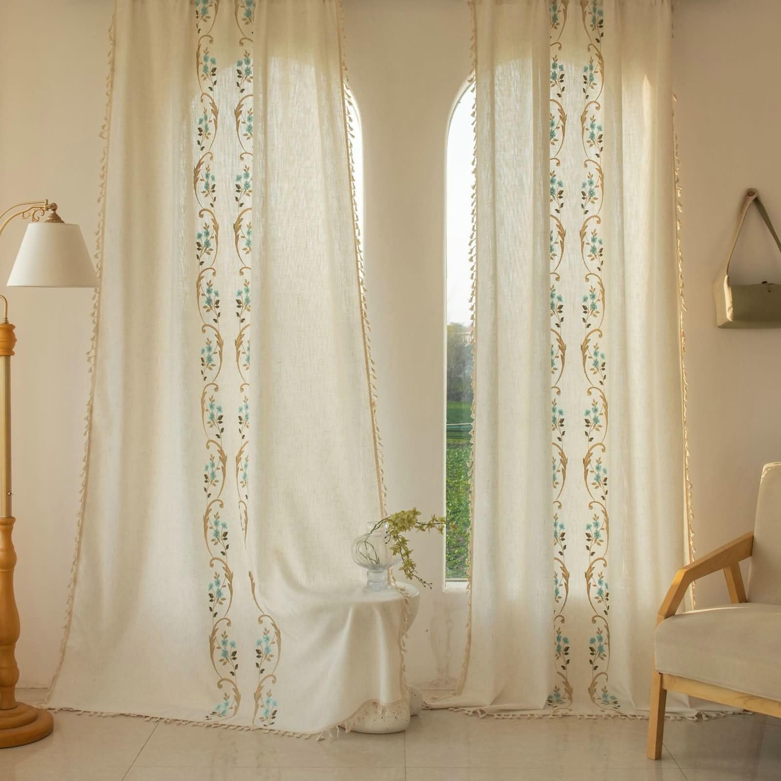 Rideau beige bleu motif floral brodé lot de 2 rideaux semi opaque salon vintage crochets