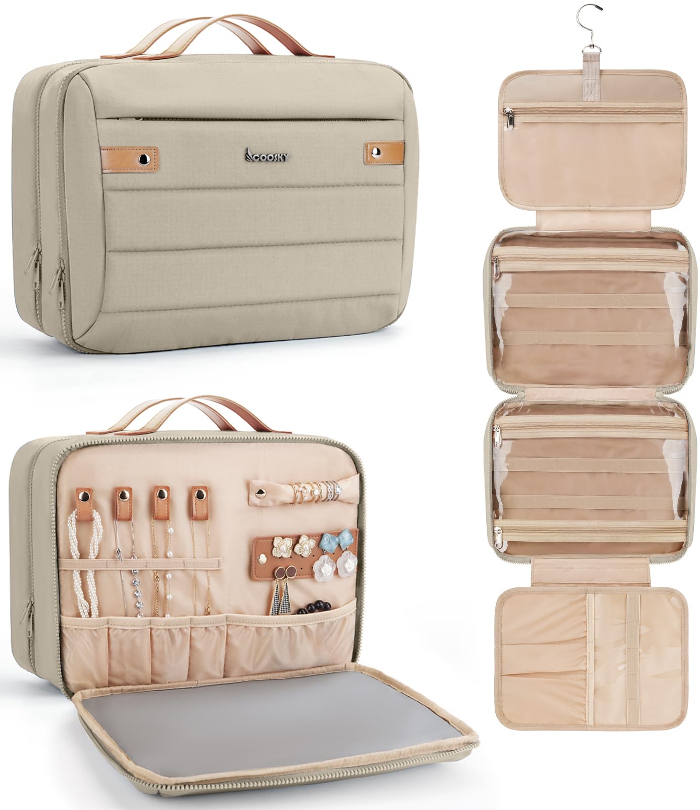 COOSKY Women's Hanging Toiletry Bag, Waterproof Travel Cosmetic Organizer with Jewelry Storage, Large Capacity Makeup Case for Full-Size Skincare &