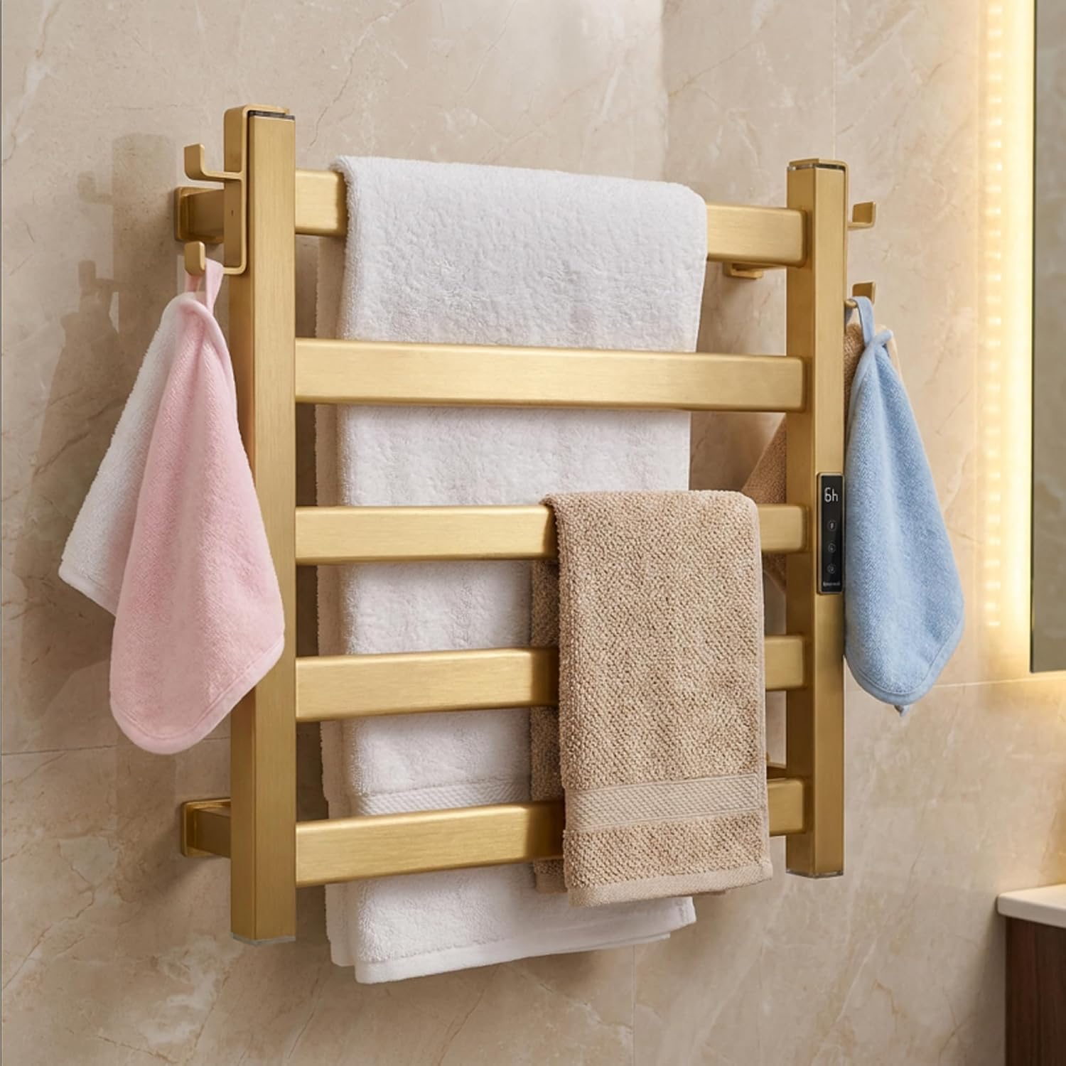 Towel Warmer, Heated Towel Rack with Classic Square Tube, Built-in Thermo Control and Timer for Bathroom with Memroy Function, Work with Smart Plug, 5 Bar, Gold