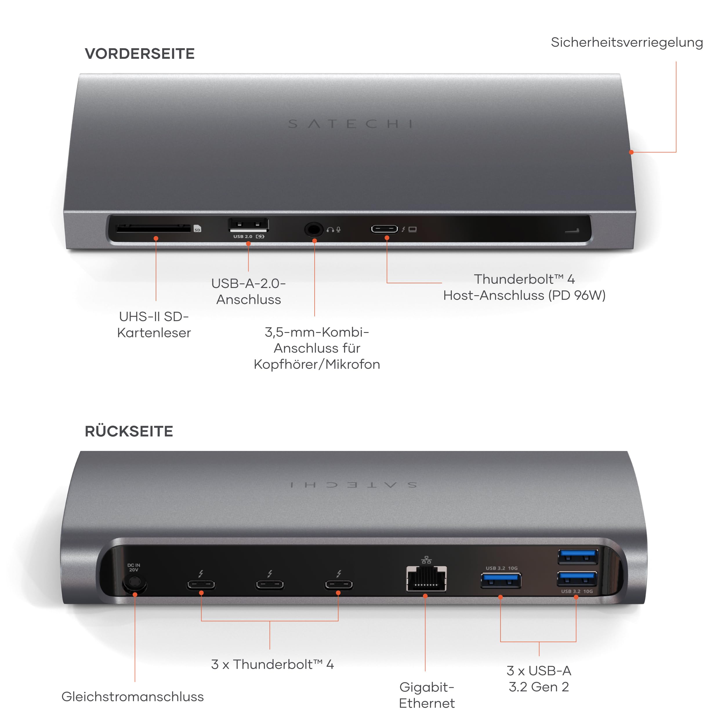 SATECHI 12-in-1 Thunderbolt-4 Dockingstation, 96 W, HDMI | 3 × Thunderbolt-4-Anschlüsse mit 40 Gbit/s, 4 USB-A Anschlüsse, 4K@60 Hz, Ethernet, SD-Kartenleser und Audio