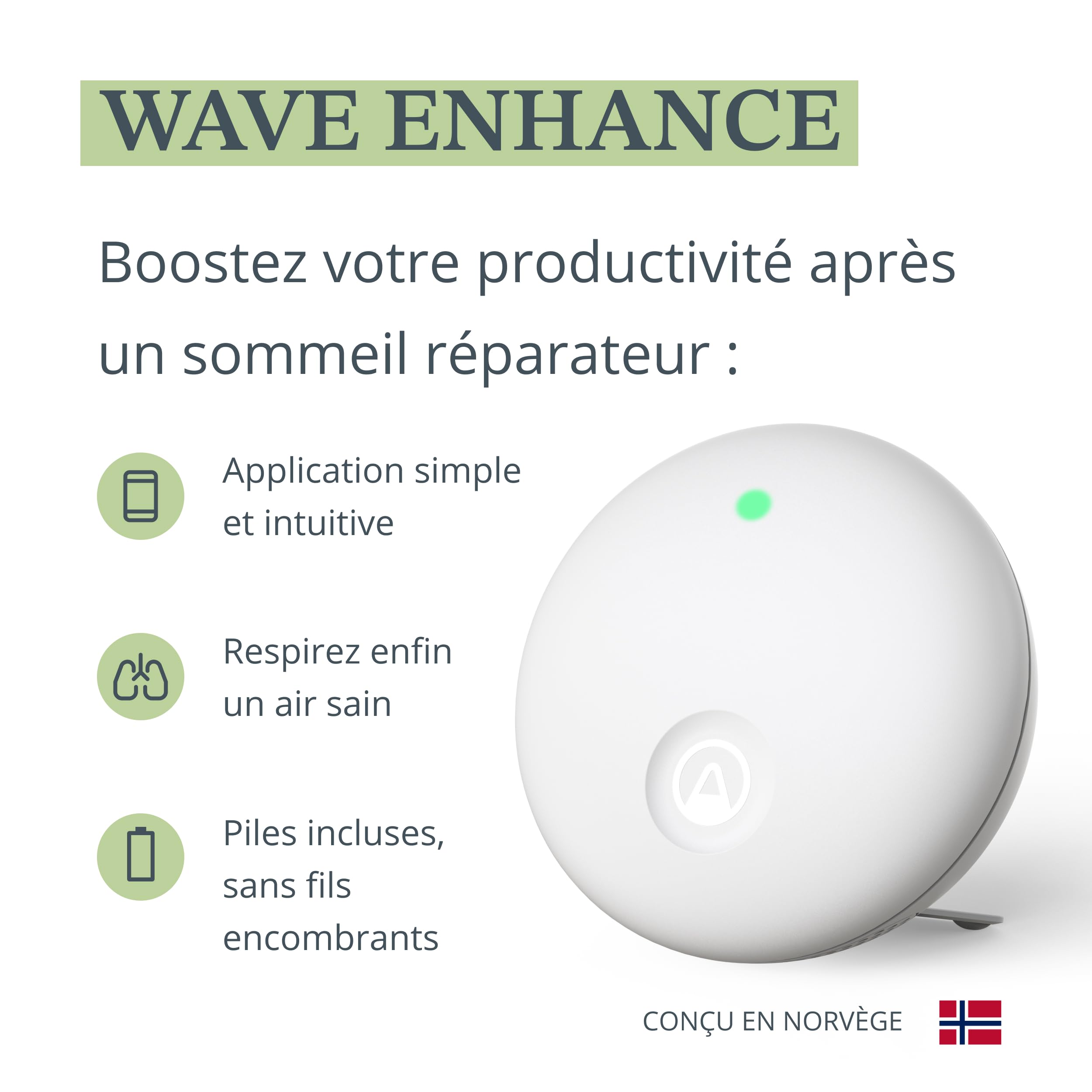 Airthings 321 Wave Enhance - Moniteur de qualité d'air intérieur pour CO2, COV, humidité, température, pression, capteurs de bruit et lumière - Contrôle les conditions de sommeil et de concentration