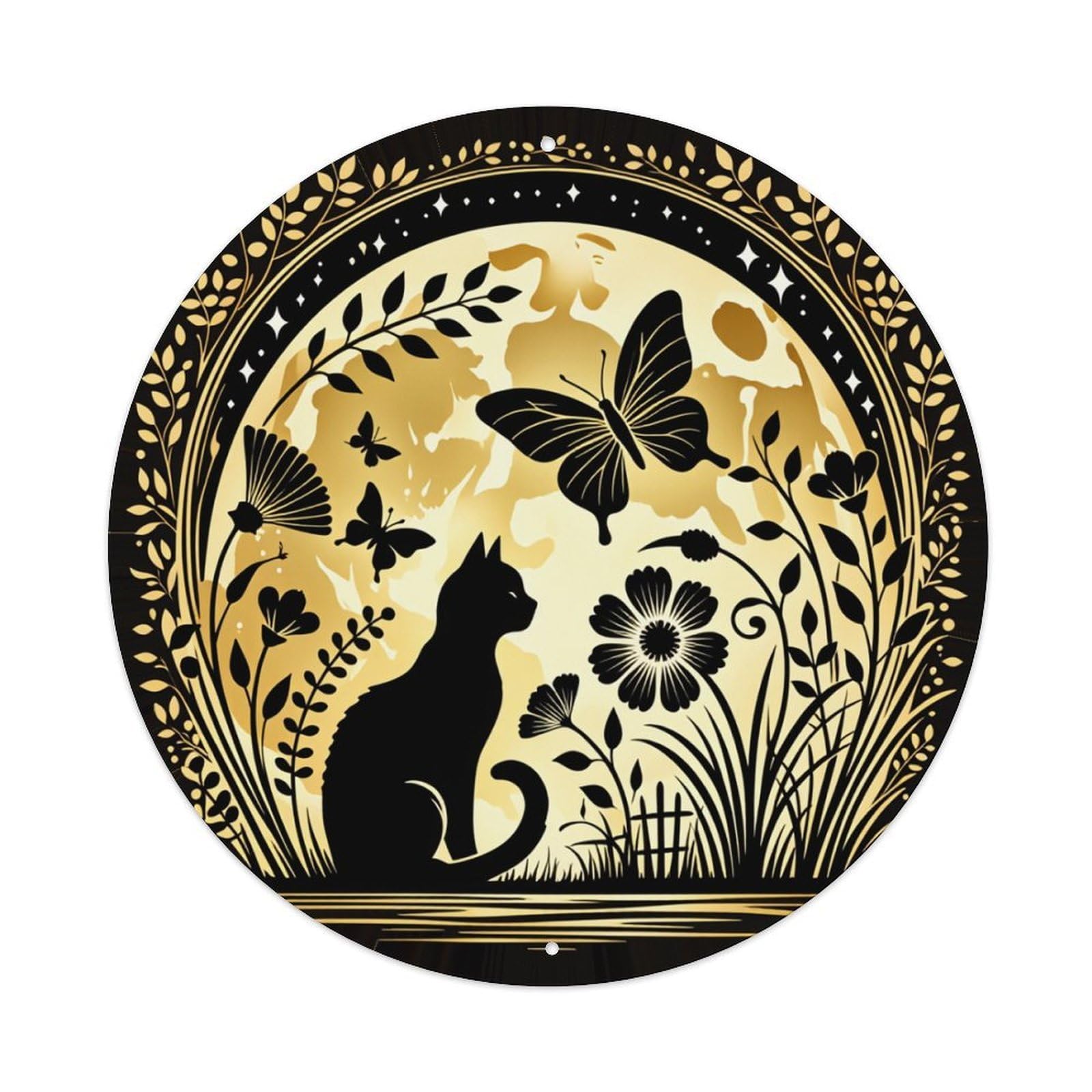 Cat Butterfly Moon Flowers Leaves Round Tin Sign Retro Metal Sign for Cafe Bar Pub Home Game Room Gym Club Wall Decoration Vintage Metal Poster 8x8 Inch
