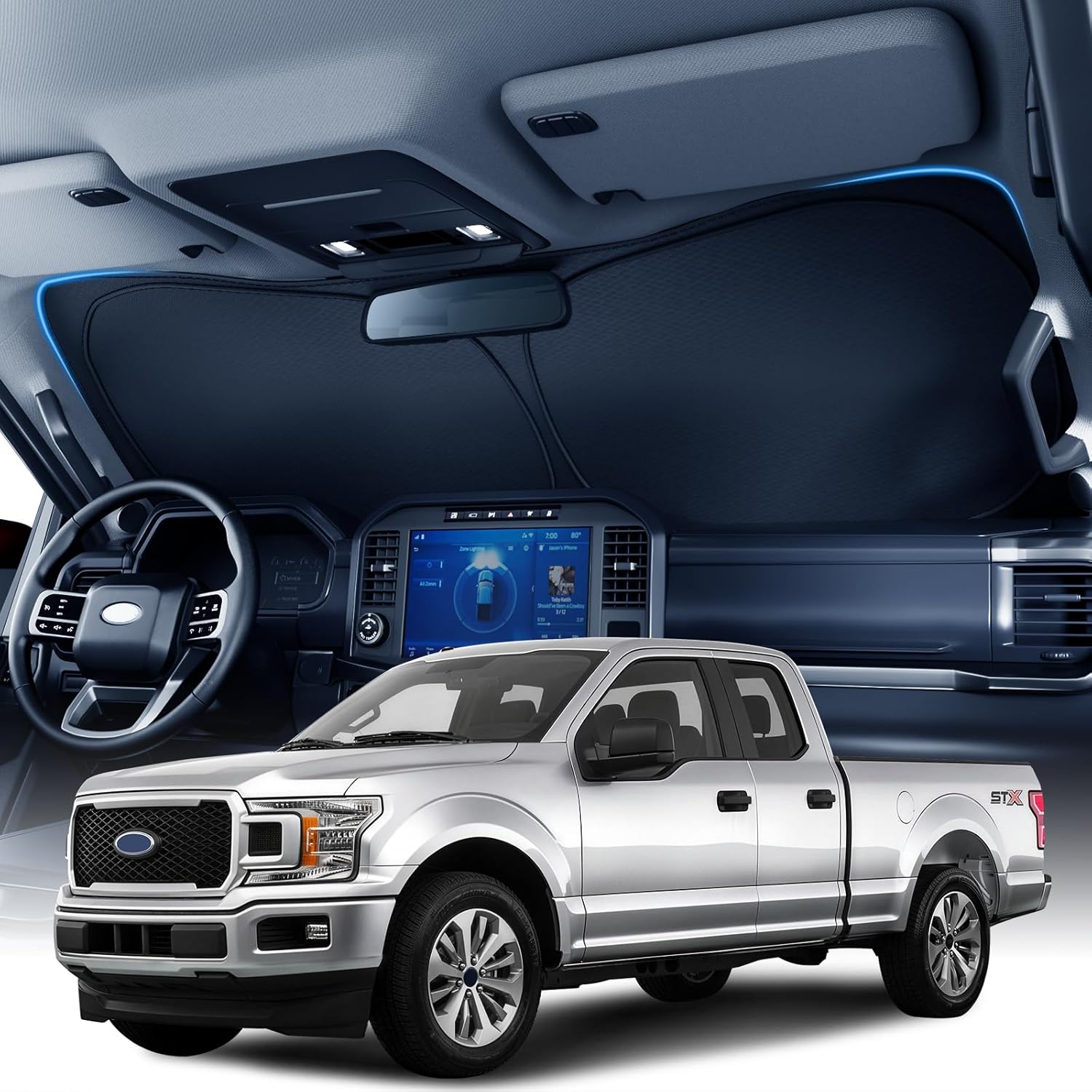 Zanch Custom Windshield Sun Shade for Ford F150/250/350/450 2015-2026, 7-Layer Heavy-Duty UV & Heat Block Protection, 3D Laser Scanned Instant Cooling, Foldable Truck Accessories