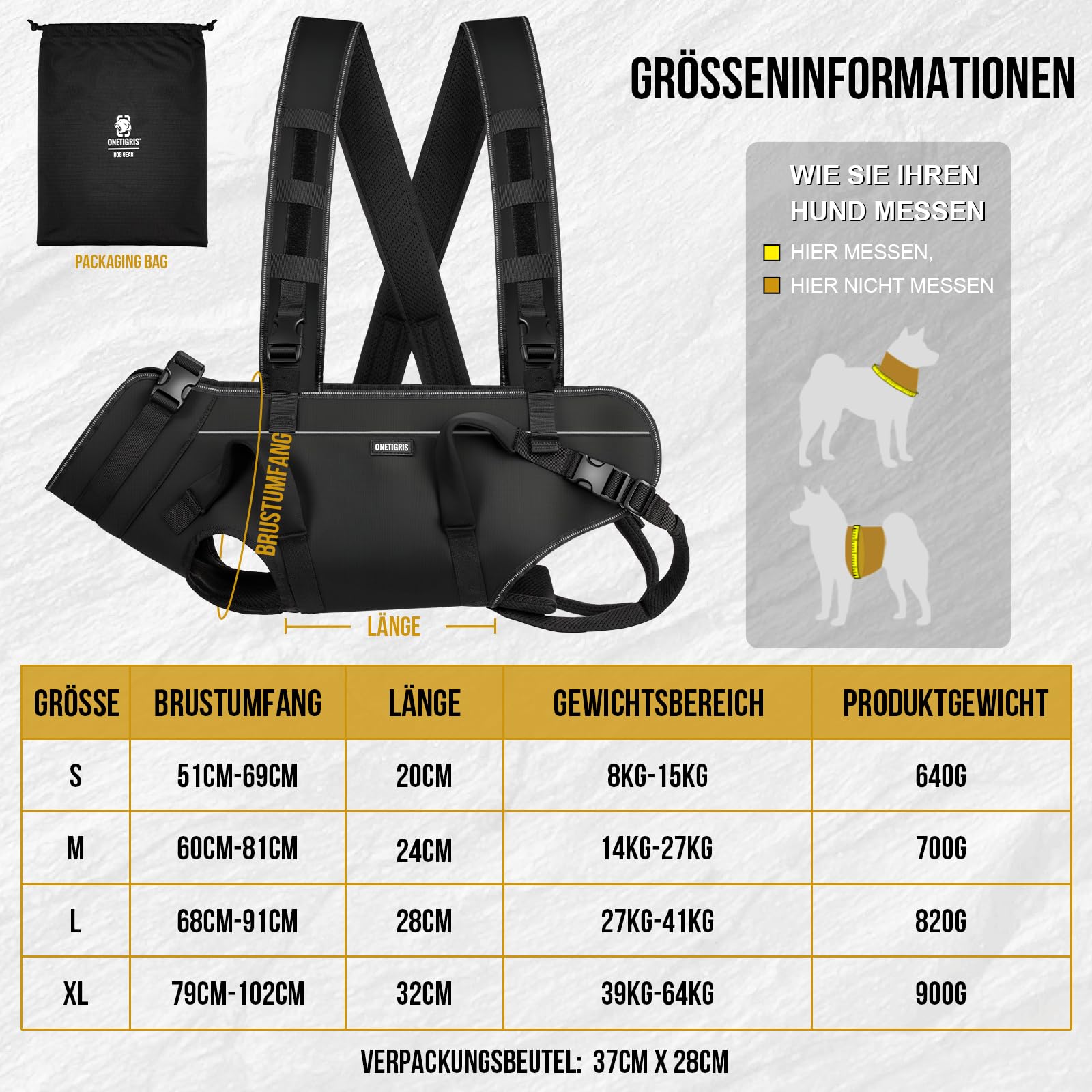 OneTigris Mochila para Perros, Support Ridge: Mochila para Perros de Uso al Aire Libre, Negro, Talla XL