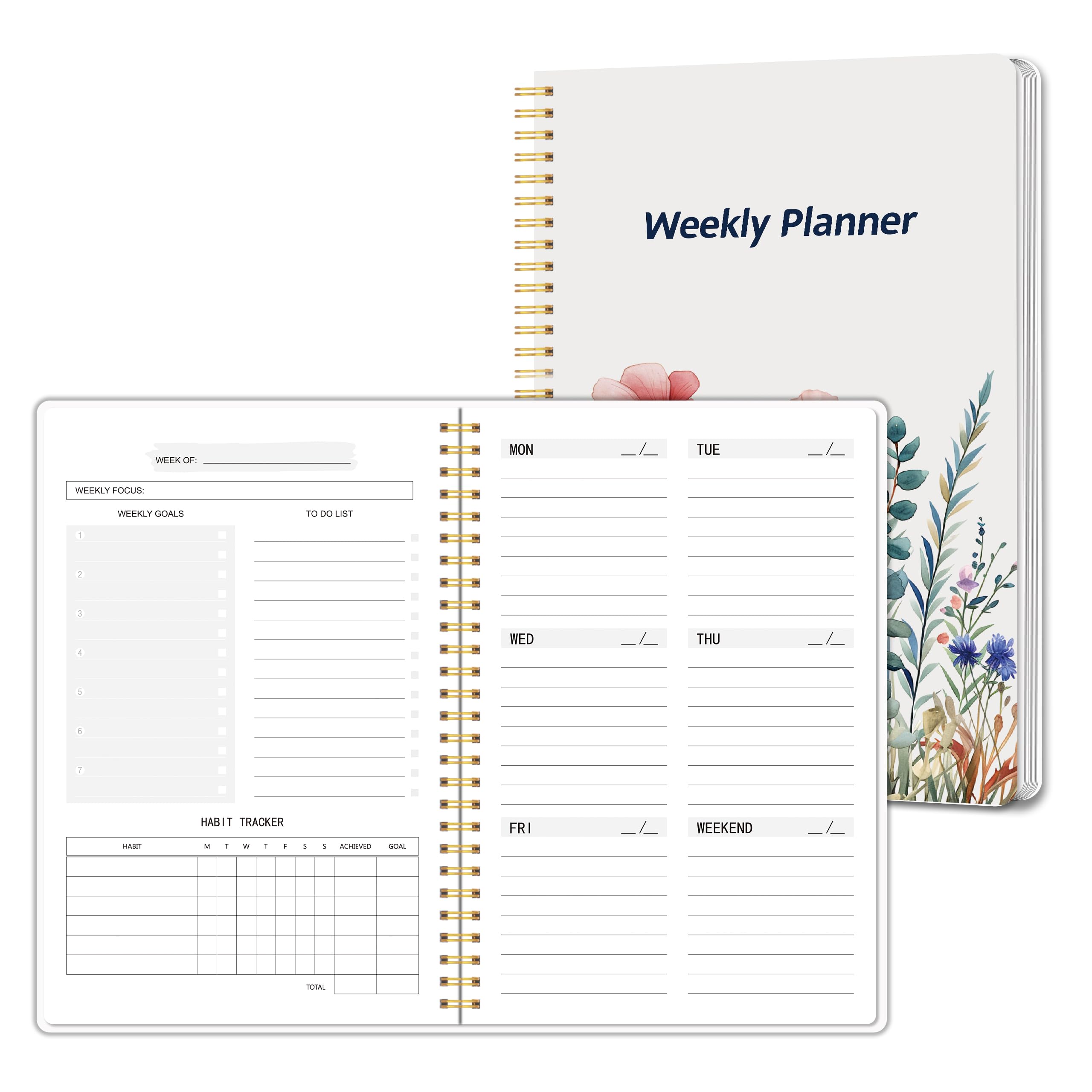 Undated Weekly Planner, Weekly To Do List Notebook with Goal & Habit Tracker Organizer, A5 5.8" x 8.0" Weekly Planner Notebook with Spiral Binding for
