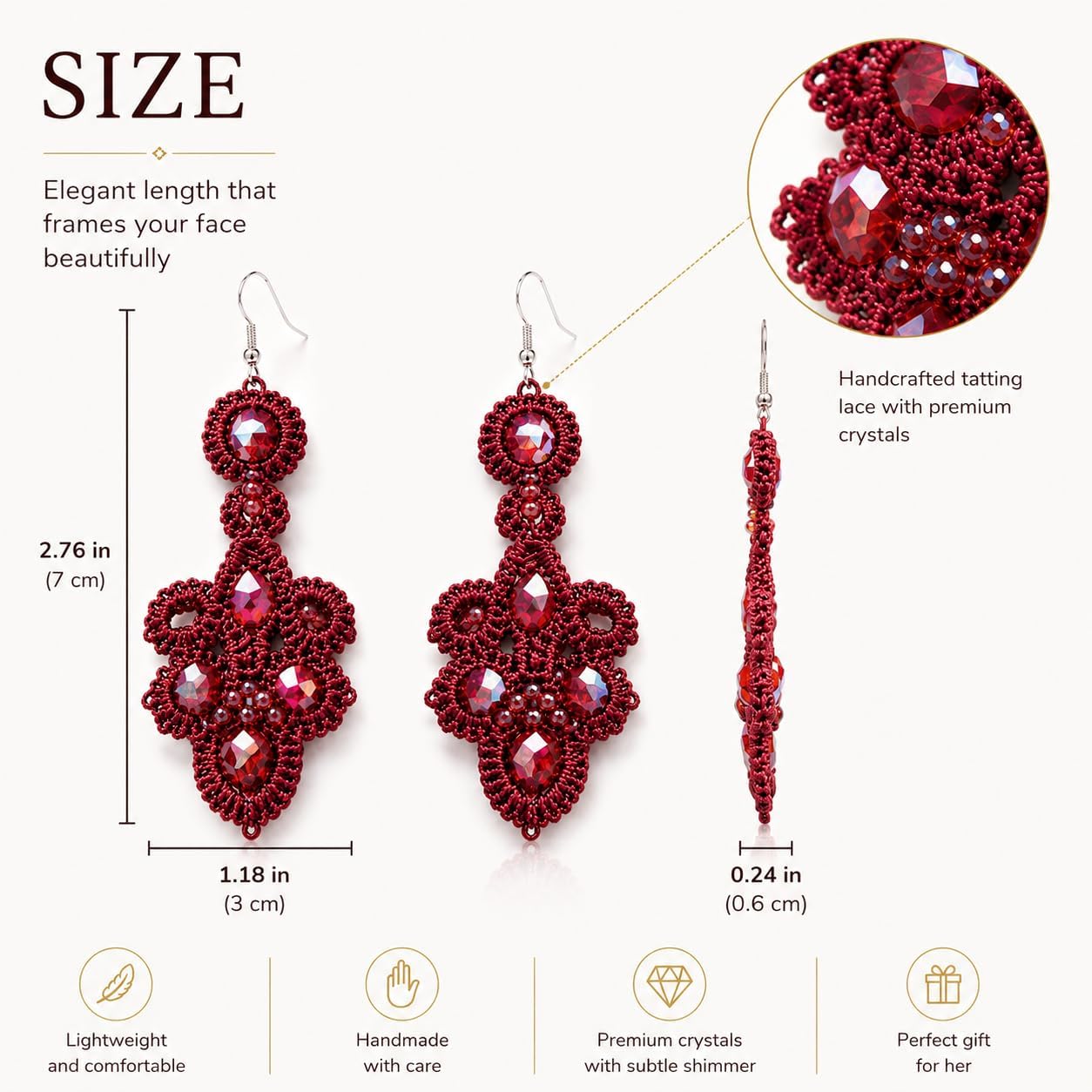 Handmade Burgundy Tatting Lace Earrings with Iridescent Crystals image 3