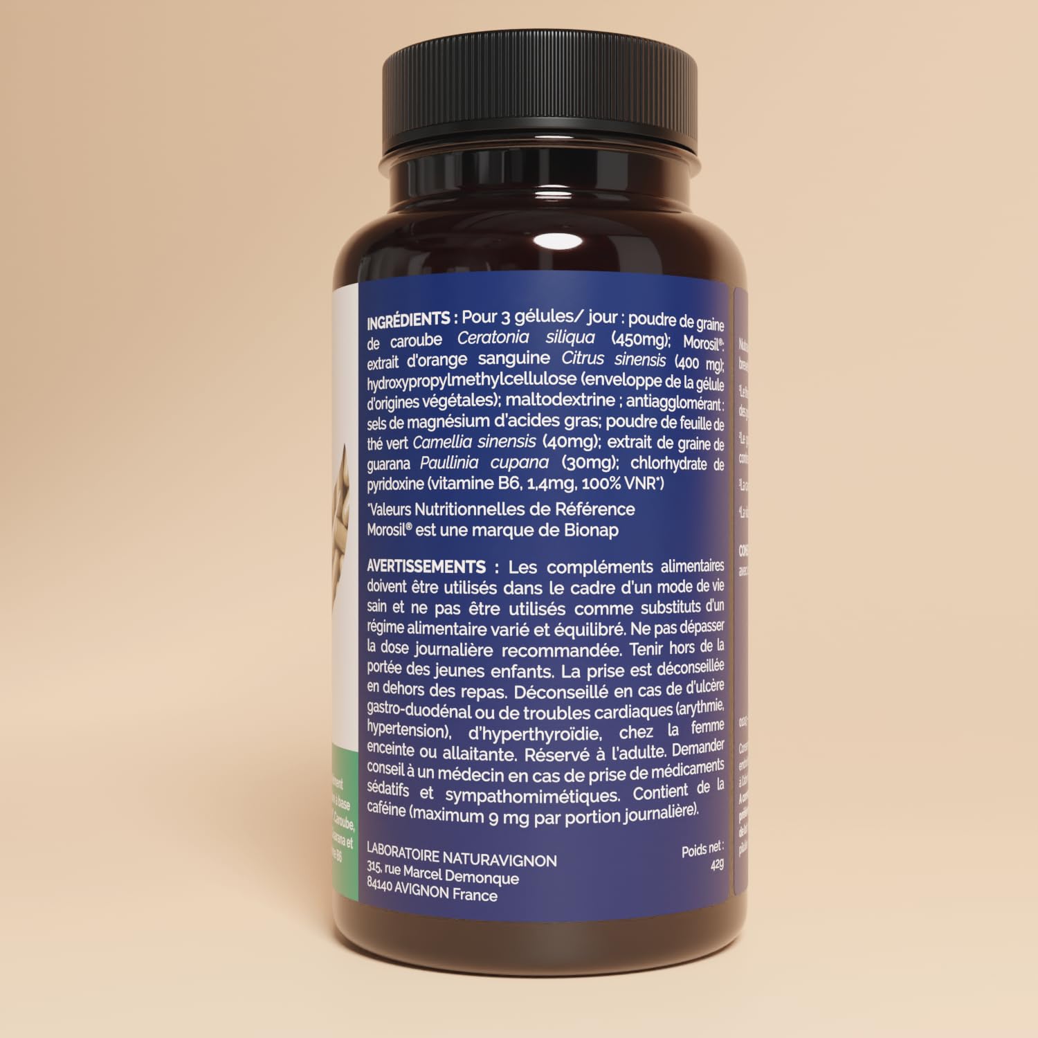 NaturAvignon Morosil 400 | Soutien du métabolisme des graisses | Contrôle du poids | Aide coupe-faim | Morosil, Guarana, Thé Vert, Caroube | 90 gélules minceur efficace
