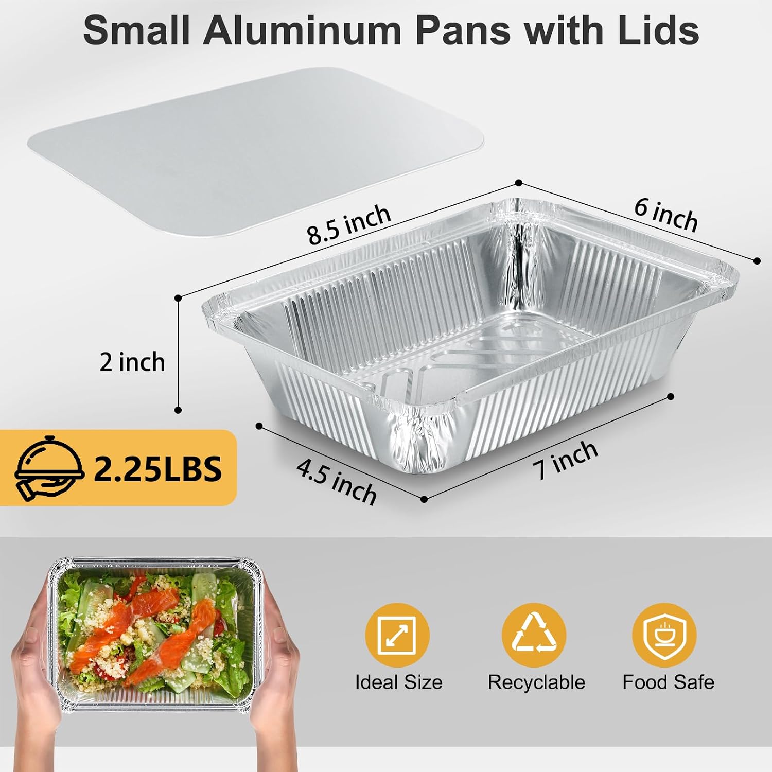 50-Pack Small Aluminum Pans with Lids, 8.5"×6", 2.25LB | Tin Foil Pans with Lids, Disposable Aluminum Food Containers for Takeout, Meal Prep, Food Storage & To-Go,Freezer & Oven Safe