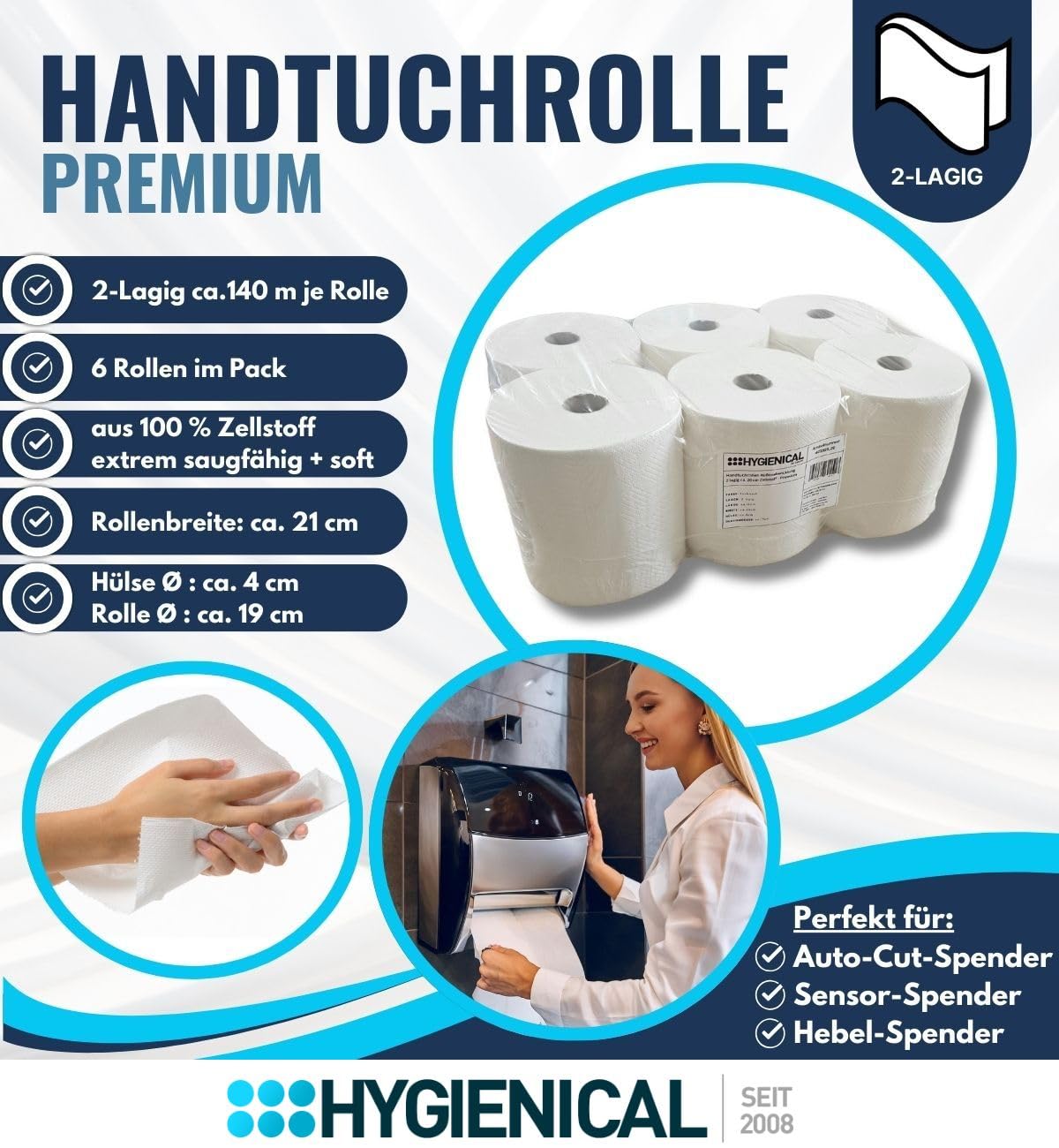 Premium Handtuchrollen 2-lagig, ca. 21 cm breit, aus 100% Zellstoff, kompatibel mit Spendern für Außenabwicklung, 6 Rollen – Weiche und saugstarke Papierhandtuchrollen
