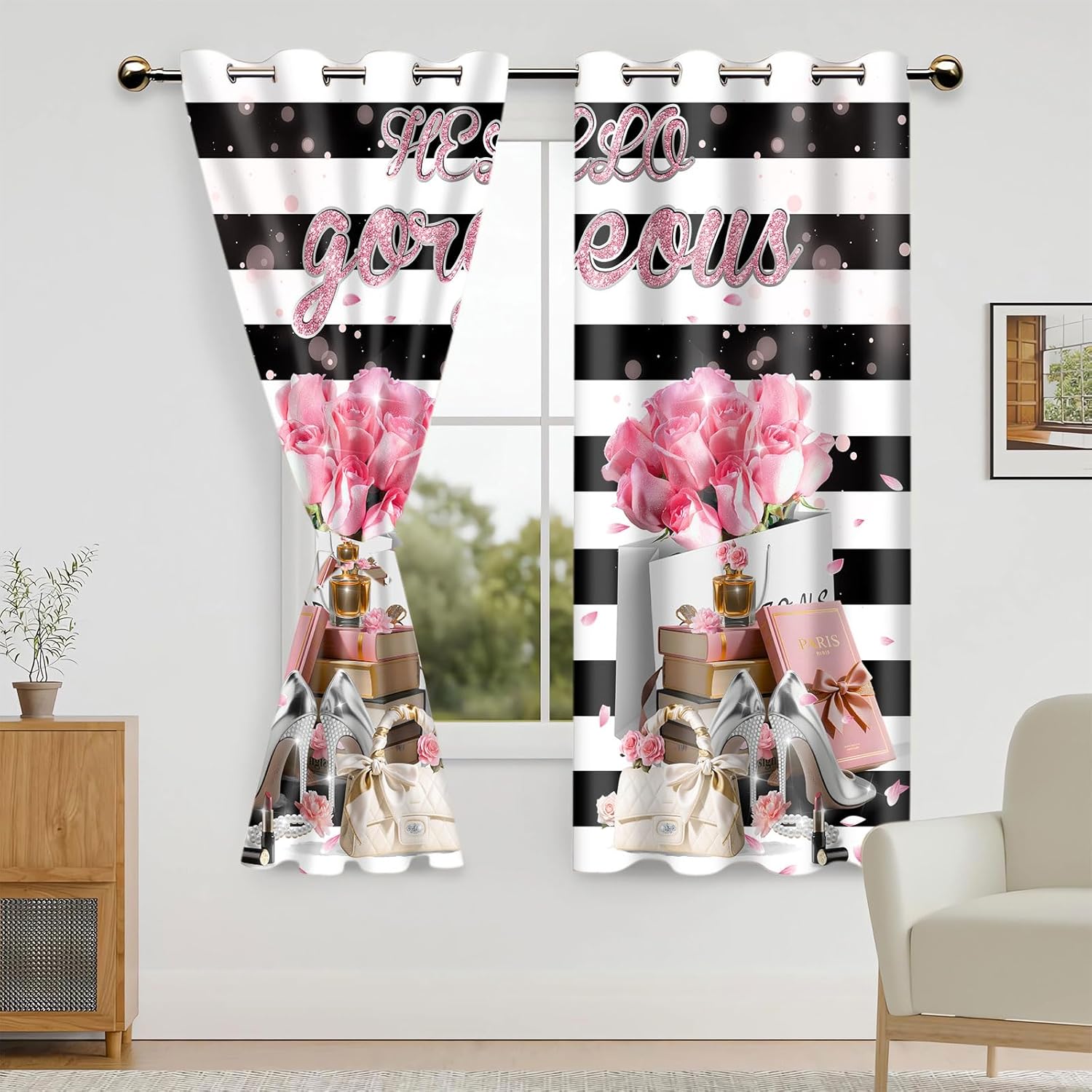 Pink Rose Black White Striped Curtains,Romantic Pink Flower Petals Blackout Curtain,4263inch Fashion Gift Bag Book Perfumery Lipstick Drapes for Women Bedroom Living Room 2Panel HI08DX