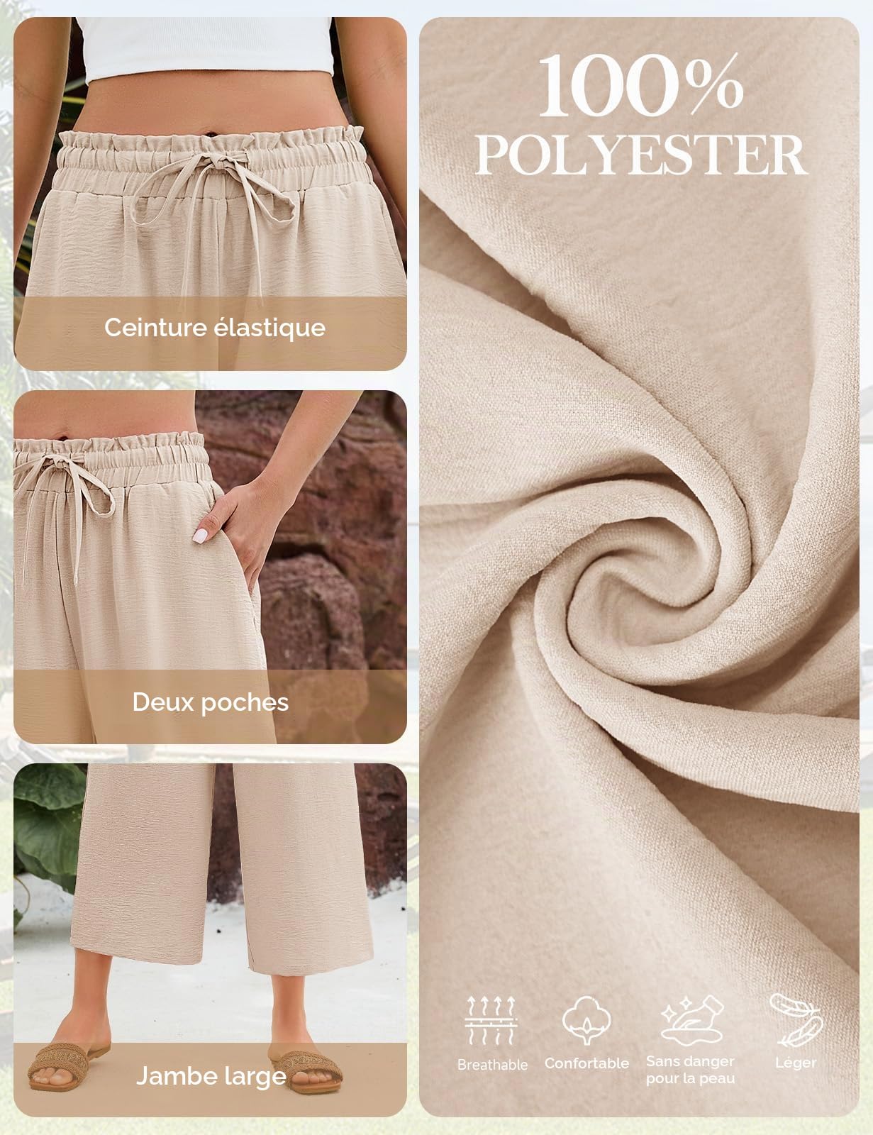 CMTOP Pantalon Femme Été Fluide Léger Pantalon Chic Taille Haute Elastique Pantacourt Ample Décontractée 7/8 Droit Pants Travail Couleur avec Cordon Poches