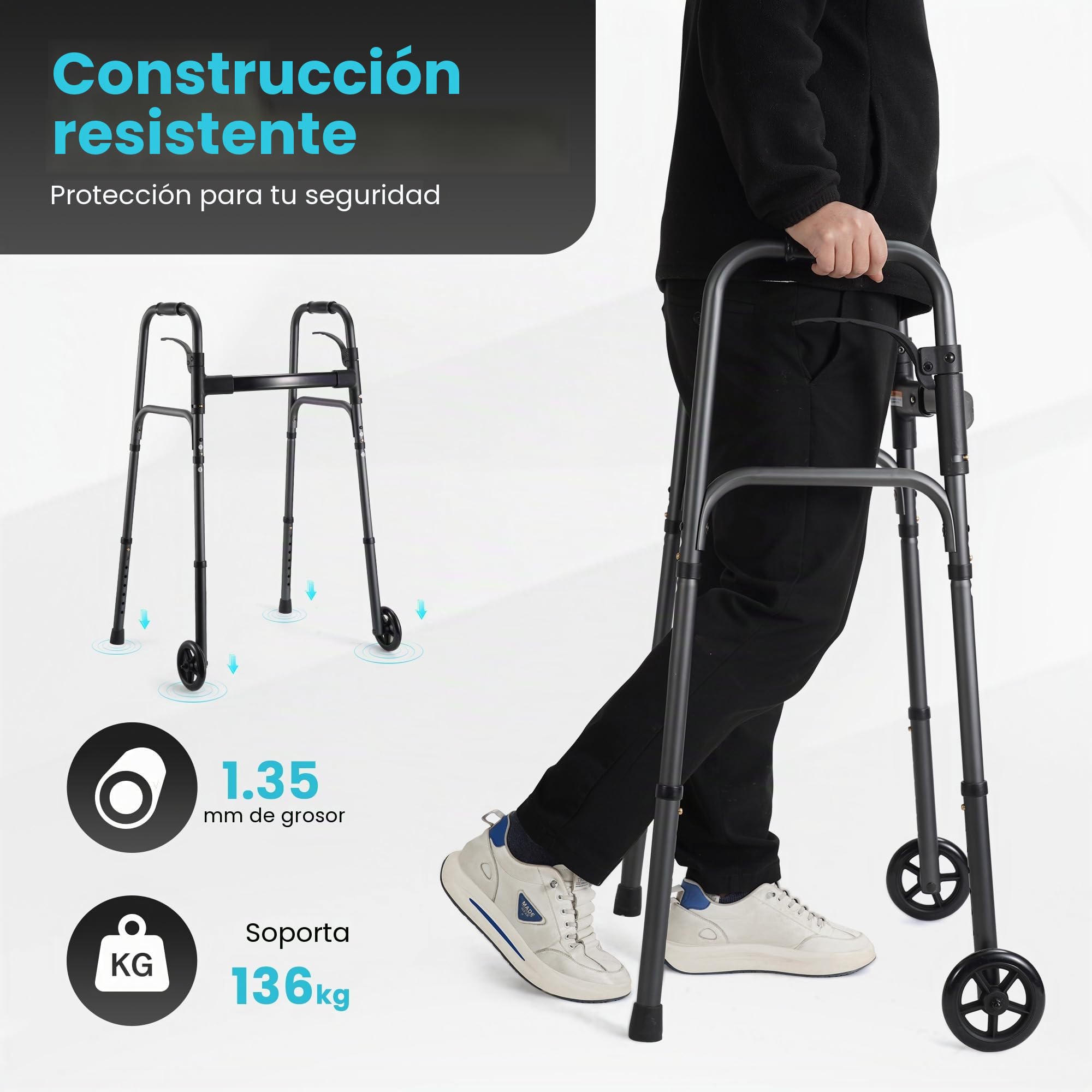 Careboda Andador para personas mayores, marco médico plegable y portátil con ruedas fijas de 12,7 cm, altura ajustable y función de disparador, ideal para adultos