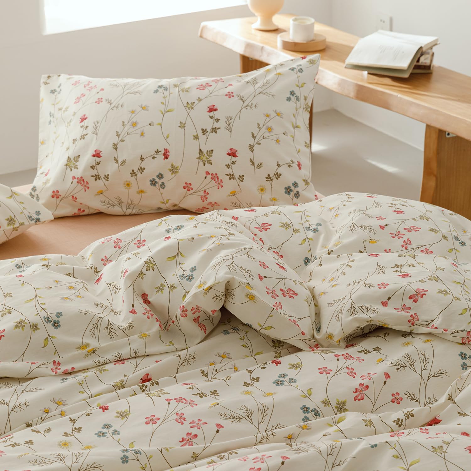 Luowei Mädchen Blumen Bettwäsche 135x200 cm Baumwolle Beige Weich Aesthetic Bettbezug Sommer Bunt Blumen Muster 100% Baumwolle Bettwäsche Sets mit Reißverschluss und 1 Kissenbezug 80x80cm
