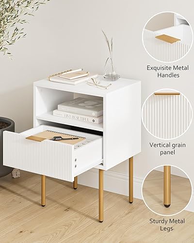 Miniatura 3 de Masupu Mesita de noche, mesa auxiliar de estilo moderno de mediados de siglo con cajón de almacenamiento y estante de madera abierta, mesa lateral