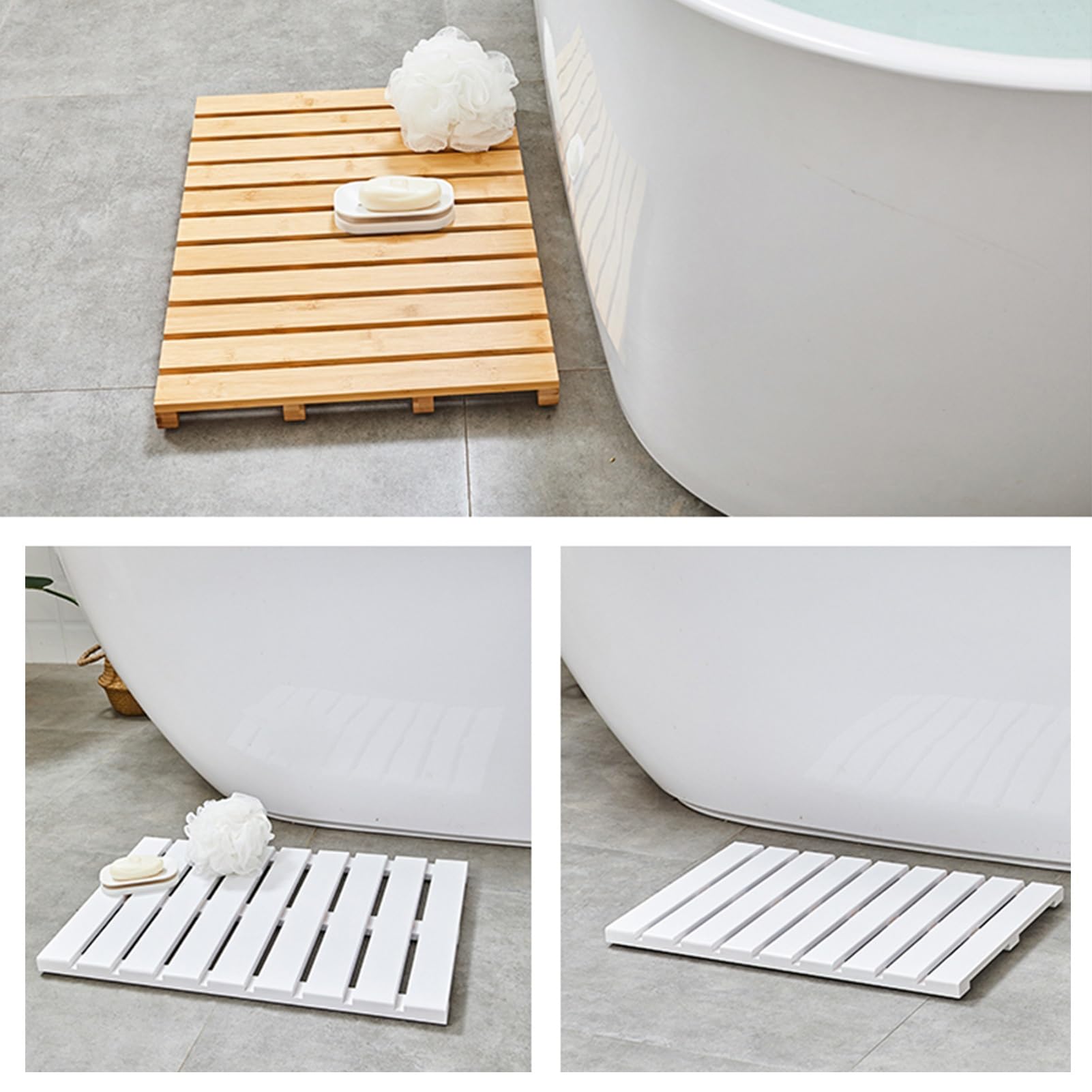 Tappetini da bagno in legno, tappetino doccia in teak, Pedana Doccia Impermeabile, Design a Doghe, Arredamento Bagno, per sauna, spa, vasca da bagno, doccia(White)