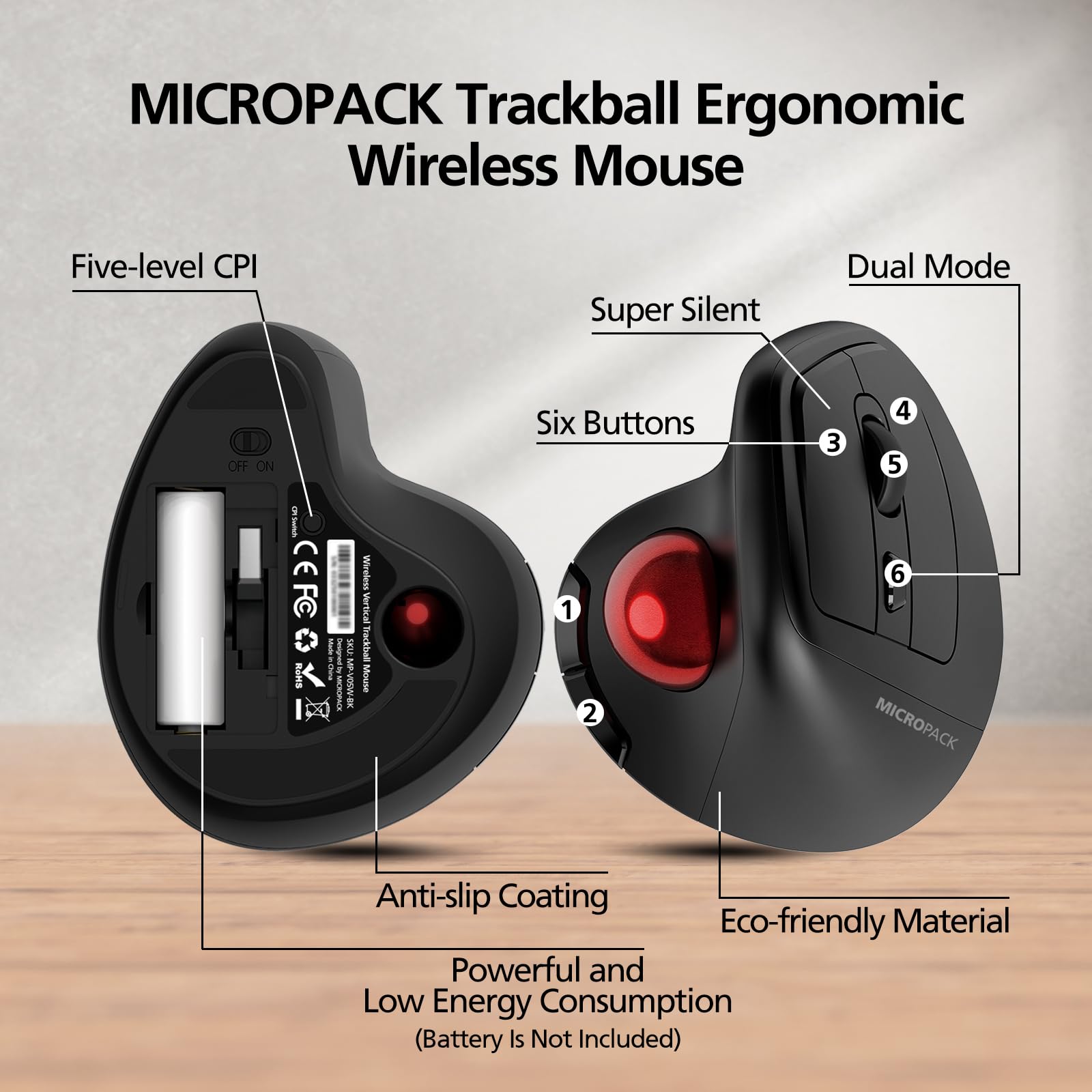 MicroPack Ergonomiczna mysz bezprzewodowa z trackballem i 5 regulowanymi DPI, łatwe sterowanie kciukiem, precyzyjne i płynne śledzenie. Aktualizacja Bluetooth średniej wielkości mysz praworęczna do