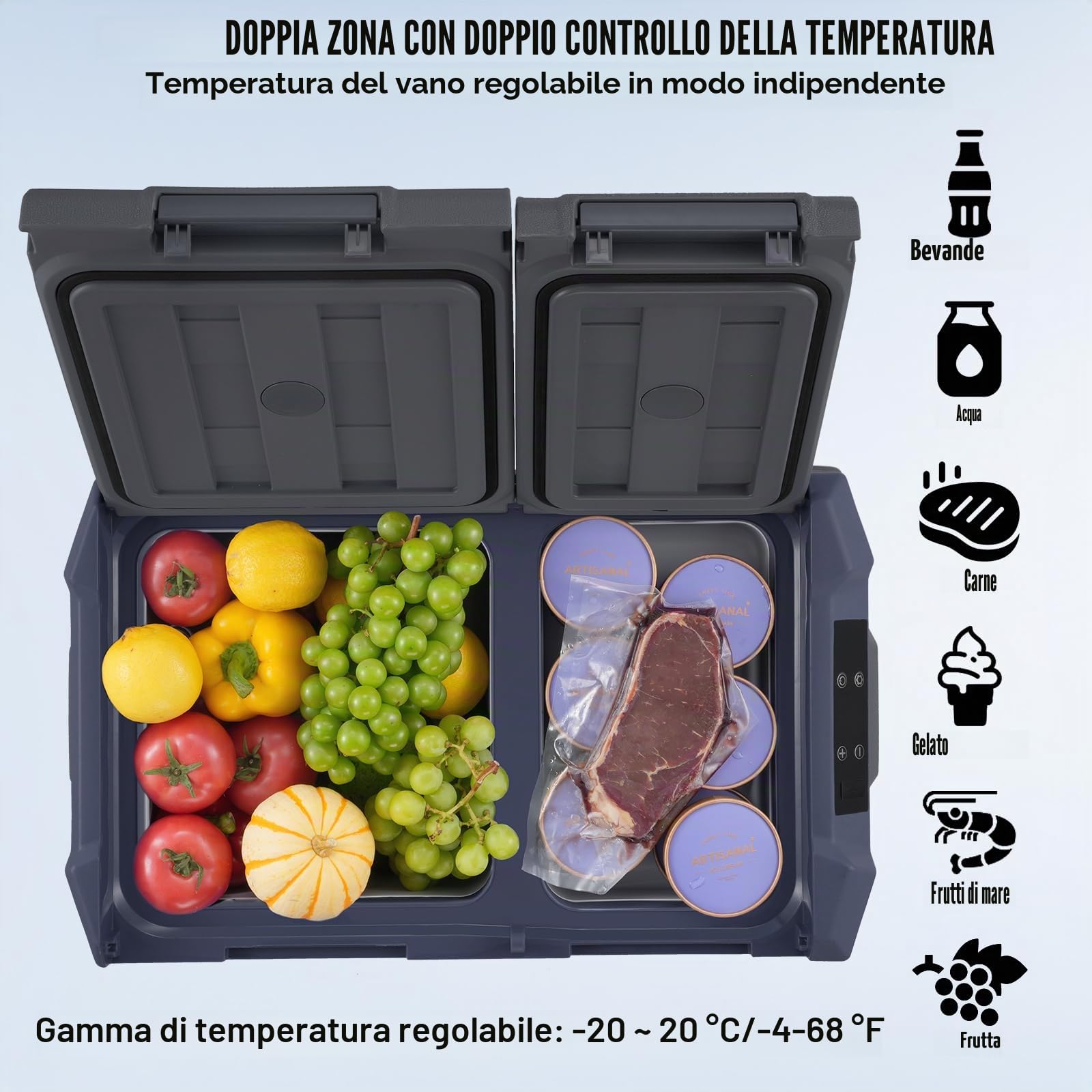 VEVOR Frigorifero per Auto Congelatore Portatile Doppia Zona 40 L 12 Volt -20~20℃ Compressore 12/24V CC 100-240V CA
