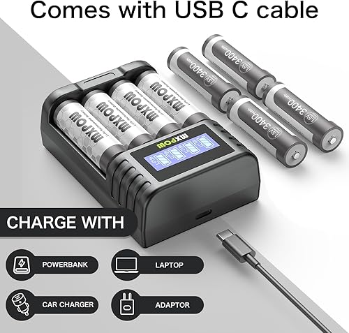 Miniatura 7 de MXPOW Baterías recargables AA de litio 1.5 V 3400 mWh, baterías recargables de litio AA, 4 unidades, 1500 ciclos con cargador inteligente