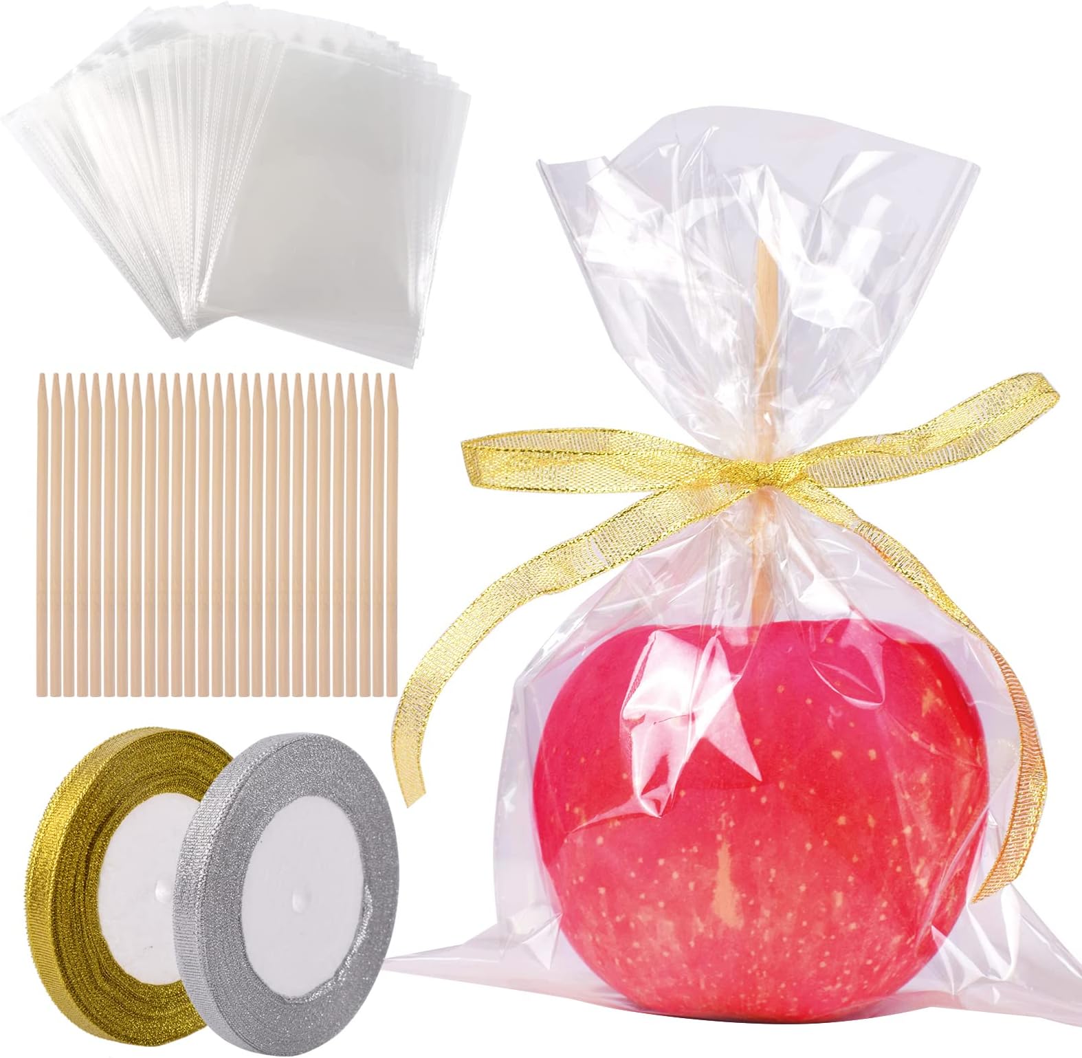 Goensjt 122 Pcs Candy Apple Kit Supplies,60 Pcs Candy Apple Bags,60 Pcs Apple Bamboo Sticks with Gold and Sliver Glitter Ribbon for Halloween Birthdays Party Homemade Fruit