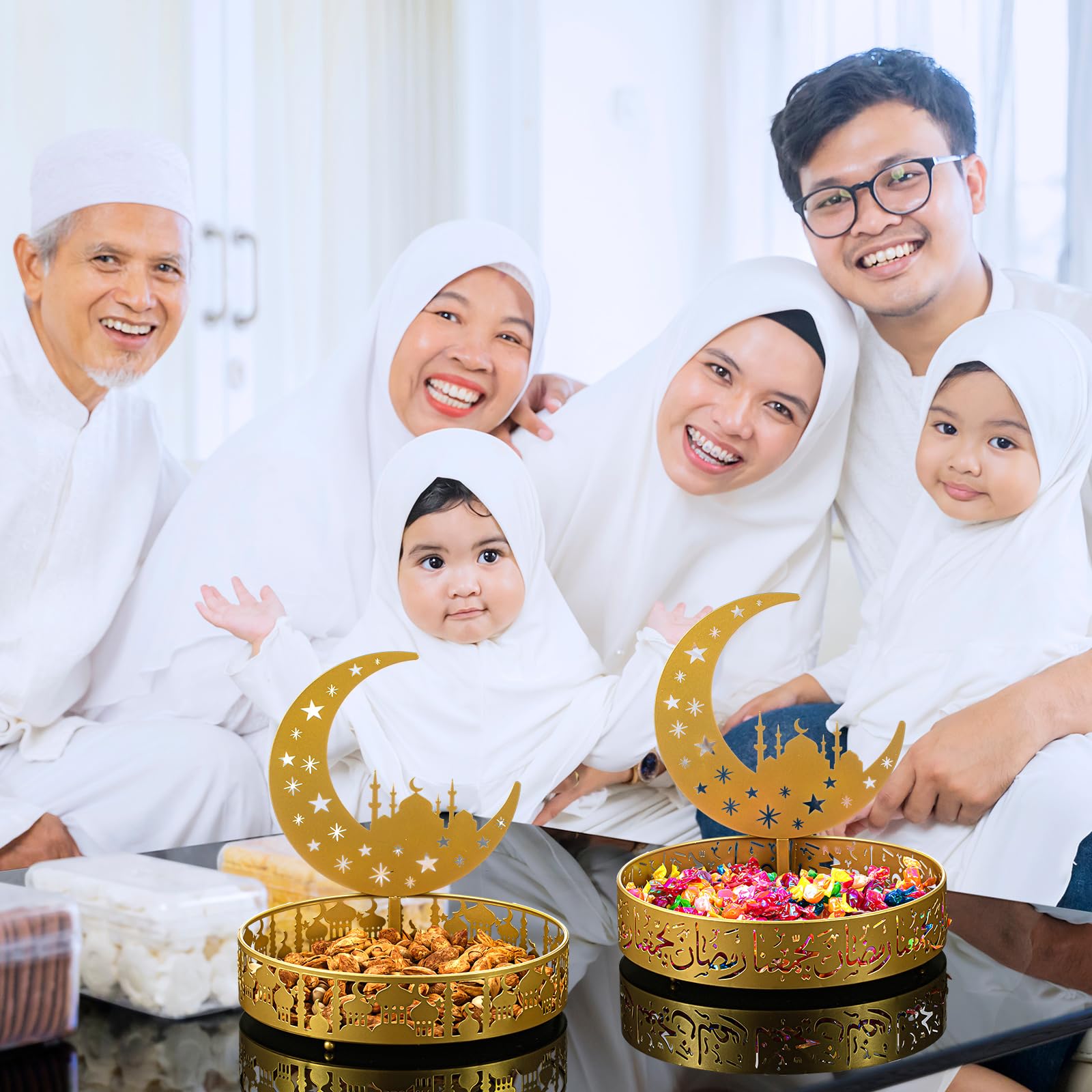 2 Stück Ramadan Tablett Metall Eid Mubarak Tablett Ramadan Serviertablett Runde Muslimische Desserttabletts aus Metall Lebensmittelaufbewahrungsbehälter für Muslimische Tischdekoration
