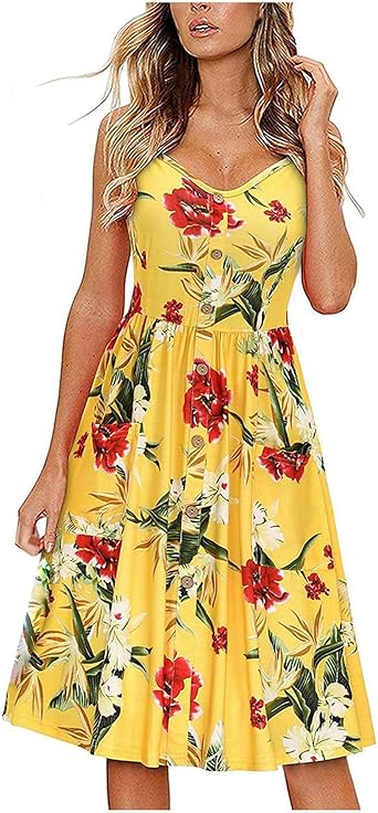 AMhomely Women Dresses Sale,Ladies Casual Printing V-Neck Sleeveless Fashion Knee-Length Dress UK Party Elgant Dresses Clearance Office Work Dress