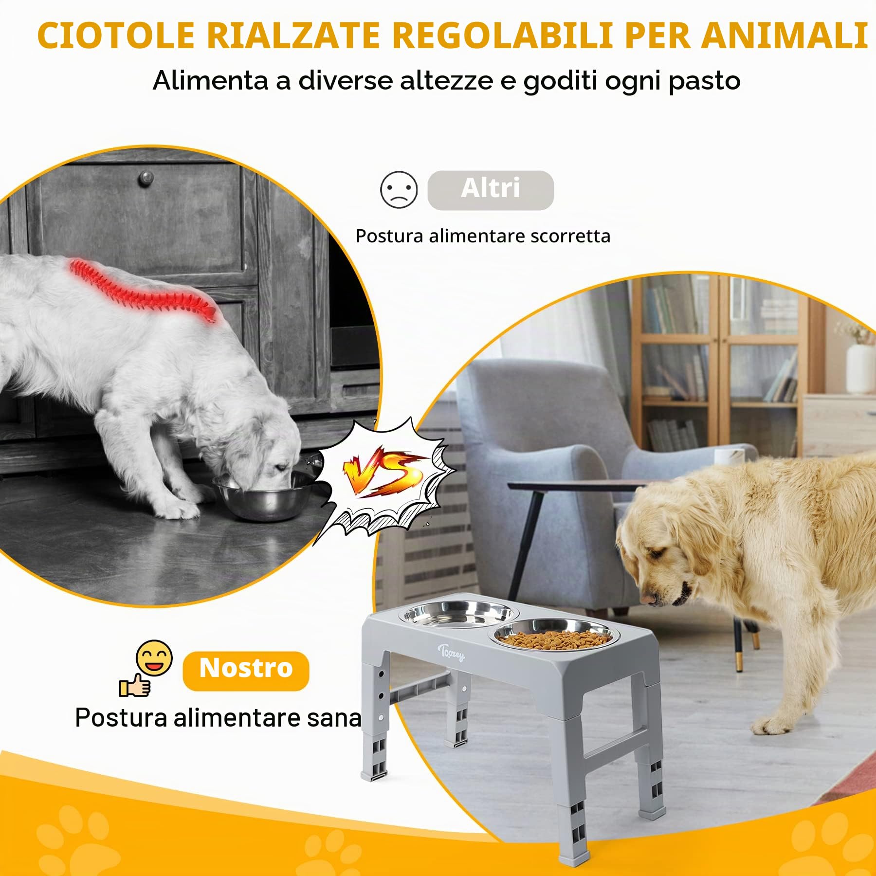 Toozey Ciotola per cani, mangiatoia con 2 ciotole in acciaio inox da 1200 ml, per cani medi e grandi, 4 ciotole regolabili in altezza, grigio