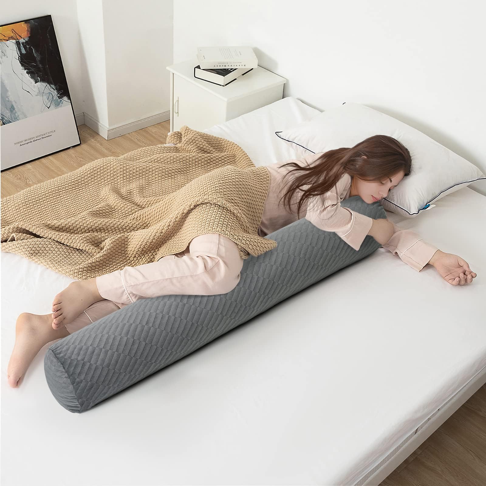 MeMoreCool Long Bolster Pillow Round Body Pillow for Adults, Luxury Fluffy Plush Roll Pillow with Shredded Foam Insert, Decorative Cylinder Pillow Big Tube Pillow for Neck Leg Bed Sleeping Hugging