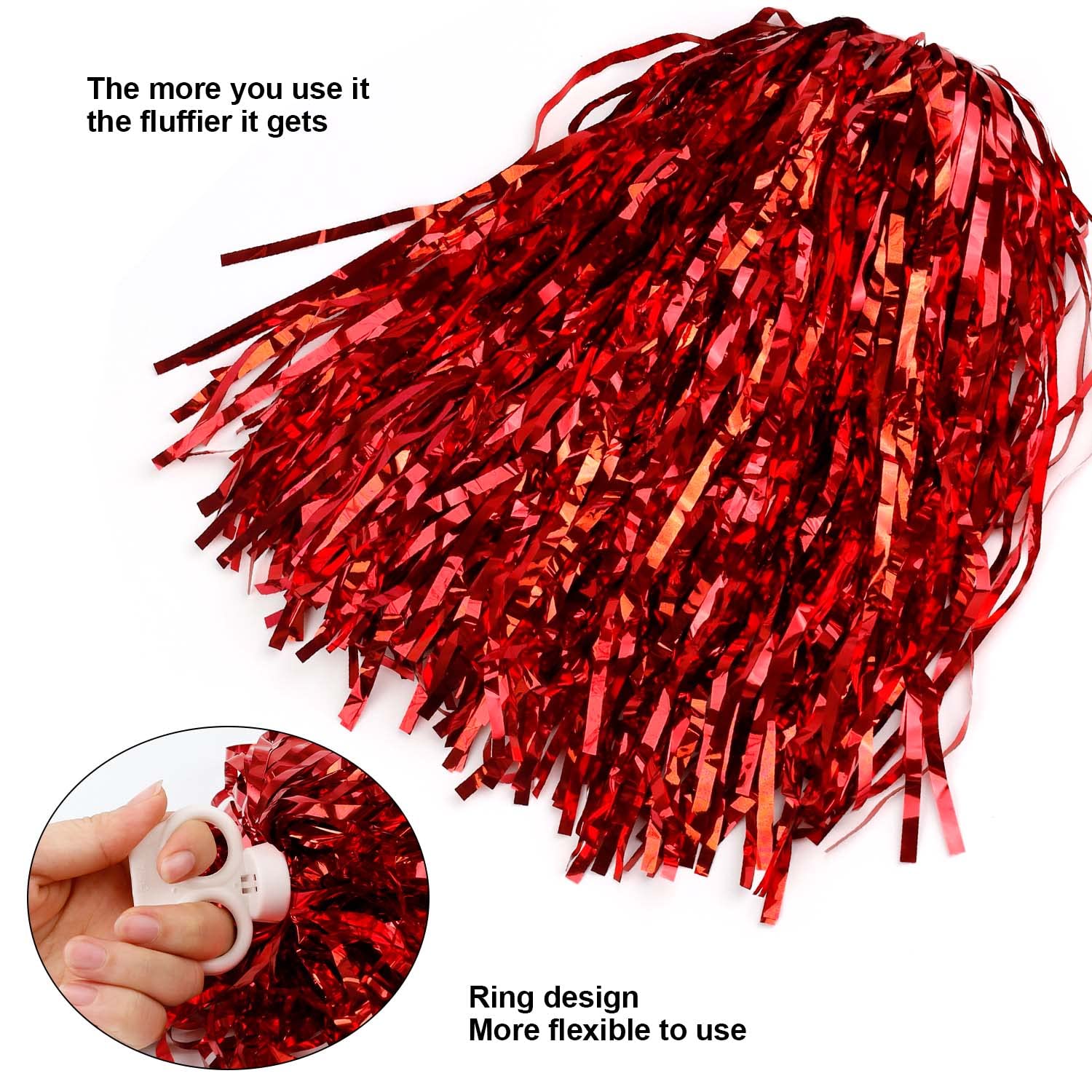 Pompons Cheerleading MYLERCT - 2pcs Rouge Métallisé | Pour Danse & Sport | Boucle Anneau Facile à Tenir