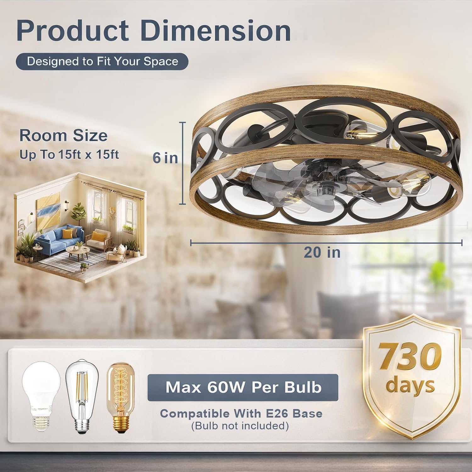 G-SAFAVA 20" Ceiling Fans with Lights and Remote, 6 Wind Speeds 3 Timing Quiet Flush Mount Low Profile Caged Ceiling Fan for Bedroom Living Room Kitchen, Farmhouse Reversible Ceiling Fan, Wood Grain