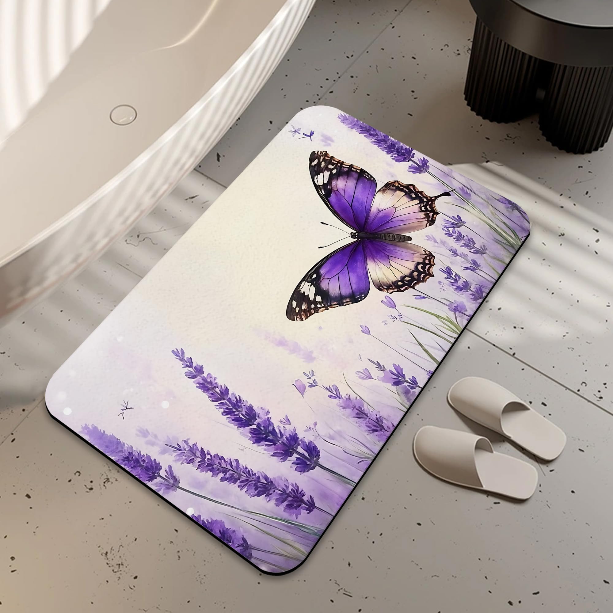 LUOENY Absorbent Purple Butterfly Bath Mat Non Slip 75 * 43 cm, Quick Dry Magic Bathroom Mat, For Bathtub, Bedroom, Kitchen, Toilet, Door, Washing Table