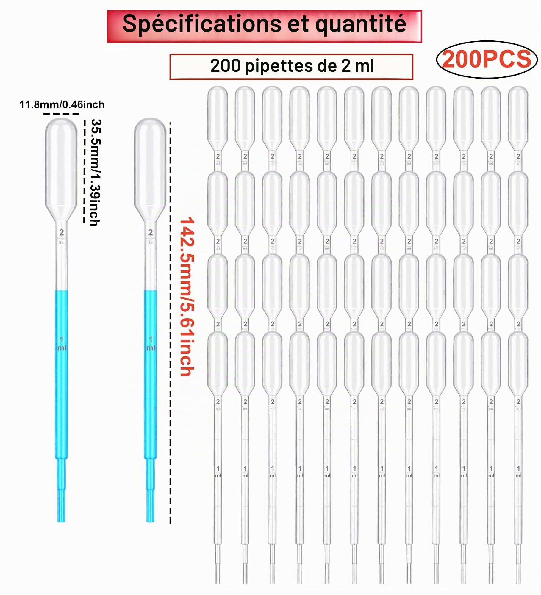 HUAZIZ Lot de 200 Pipettes de Transfert en Plastique 2 ML Gradué Jetable Pipettes De Mesure pour Transfert Des Huiles Essentielles Mélange De Parfum Peintures Acryliques et Lab (Transparent)