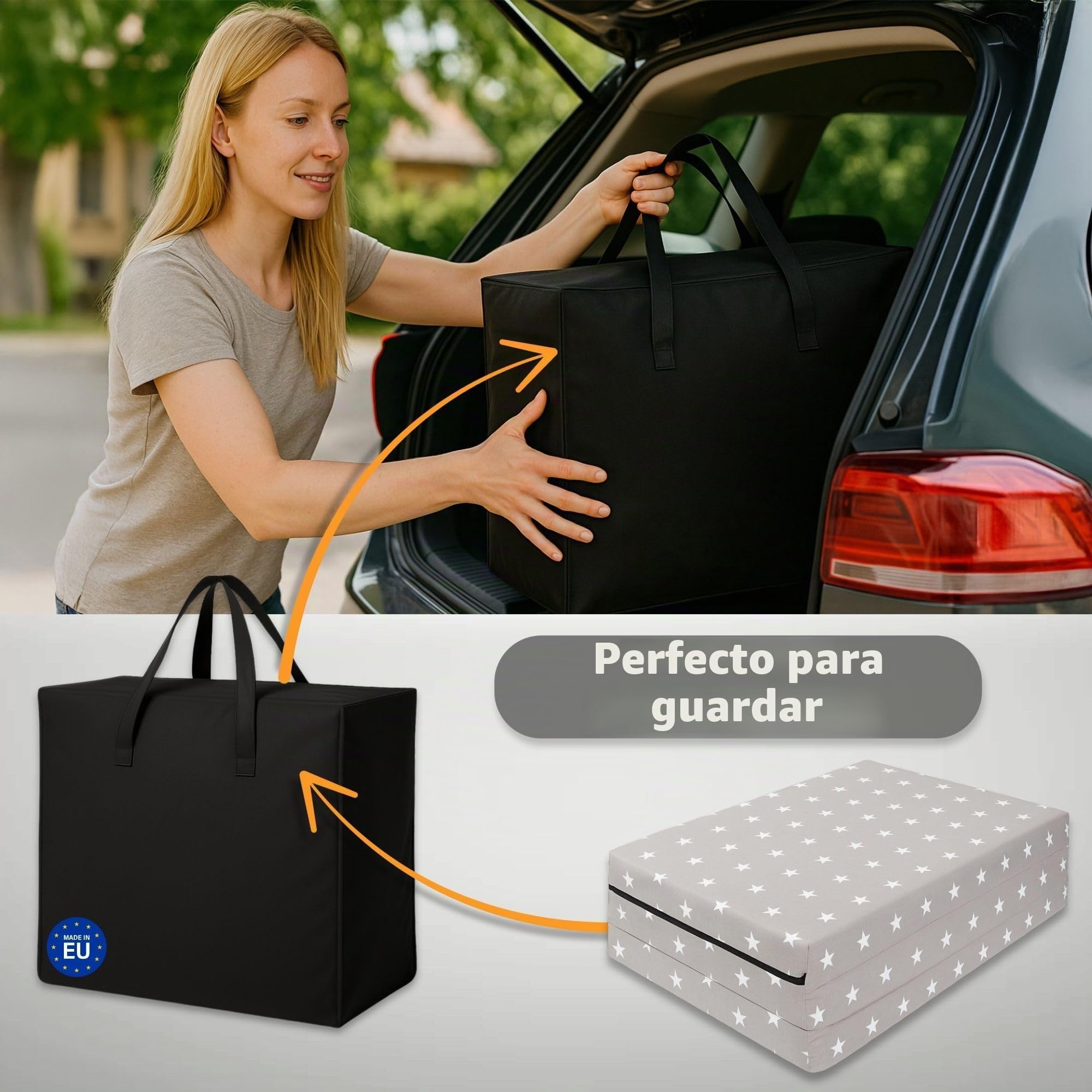 Colchón Cuna 60x120 cm plegable para cuna de viaje – Funda desenfundable lavable en lavadora a 30 grados & bolsa incluida – Colchón Bebé Infantil en espuma firme Beige con estrellas blancas