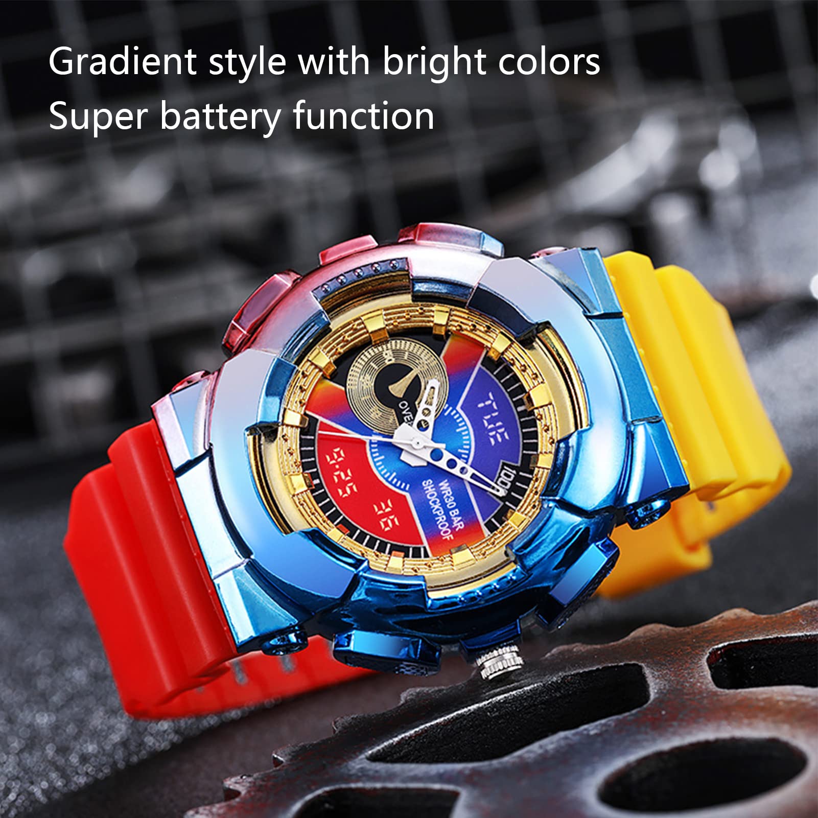 Yuehuamech Orologio digitale da uomo, al quarzo, lussuoso, da lavoro, cronografo elettronico fino a 30 m, impermeabile, orologio sportivo con cinturino in acciaio inox e retroilluminazione a LED, Oro