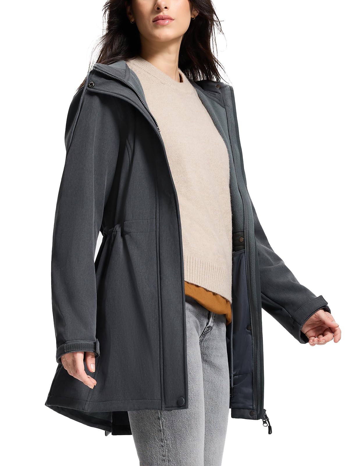 SaphiRose PONCHO Damen Regenjacke Wasserdicht Lange Softshelljacke mit Kapuze Übergangsjacke mit Atmungsaktiv Futter Regenmantel Windbreaker Jacke Leicht für Frühling Sommer und Herbst