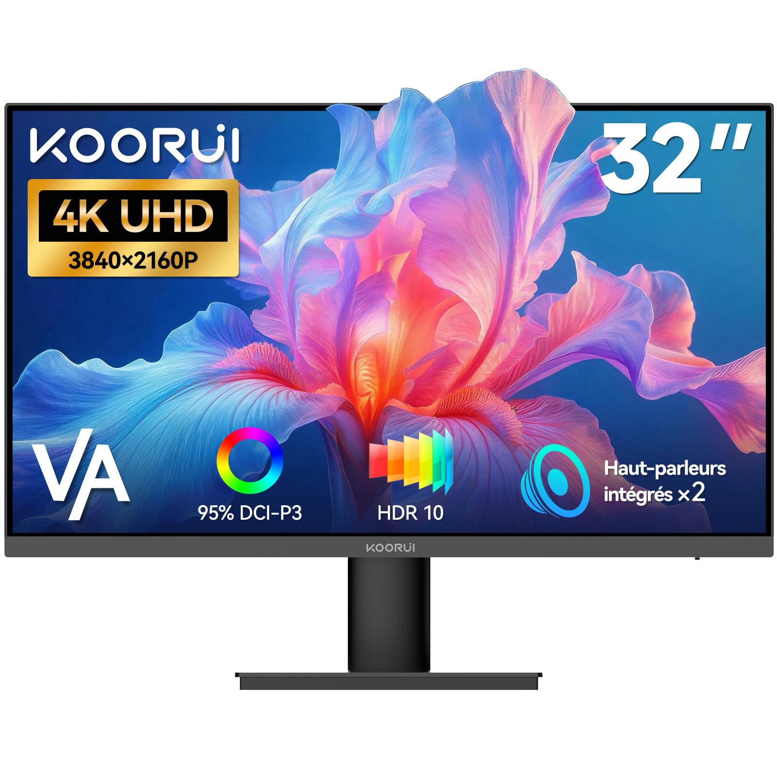 KOORUI Monitor 32 Pollici 4K, UHD 3840×2160, VA, 60Hz, Speaker integrati | 3ms, DCI-P3 95%, HDR10, Adaptive Sync, 2× HDMI 2.0 & DP 1.4, VESA 100×100
