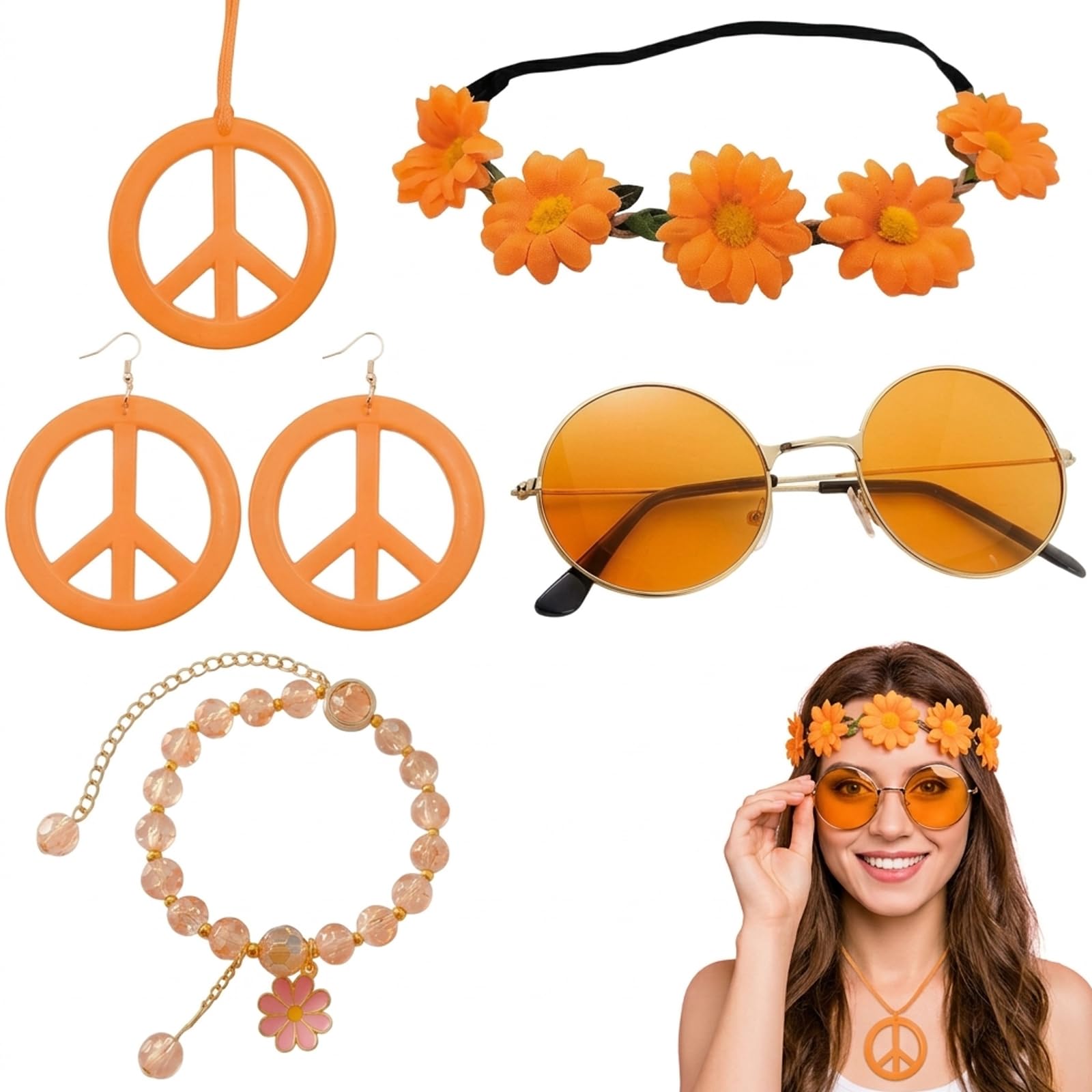 WaaRiuQ Hippie Accessories for Women, 6-Piece Bohemian Jewellery Set with Necklace and Earrings, Vintage Style Sunglasses and Floral Headband for Festival Outfits, Adjustable Bracelet for Casual Wear