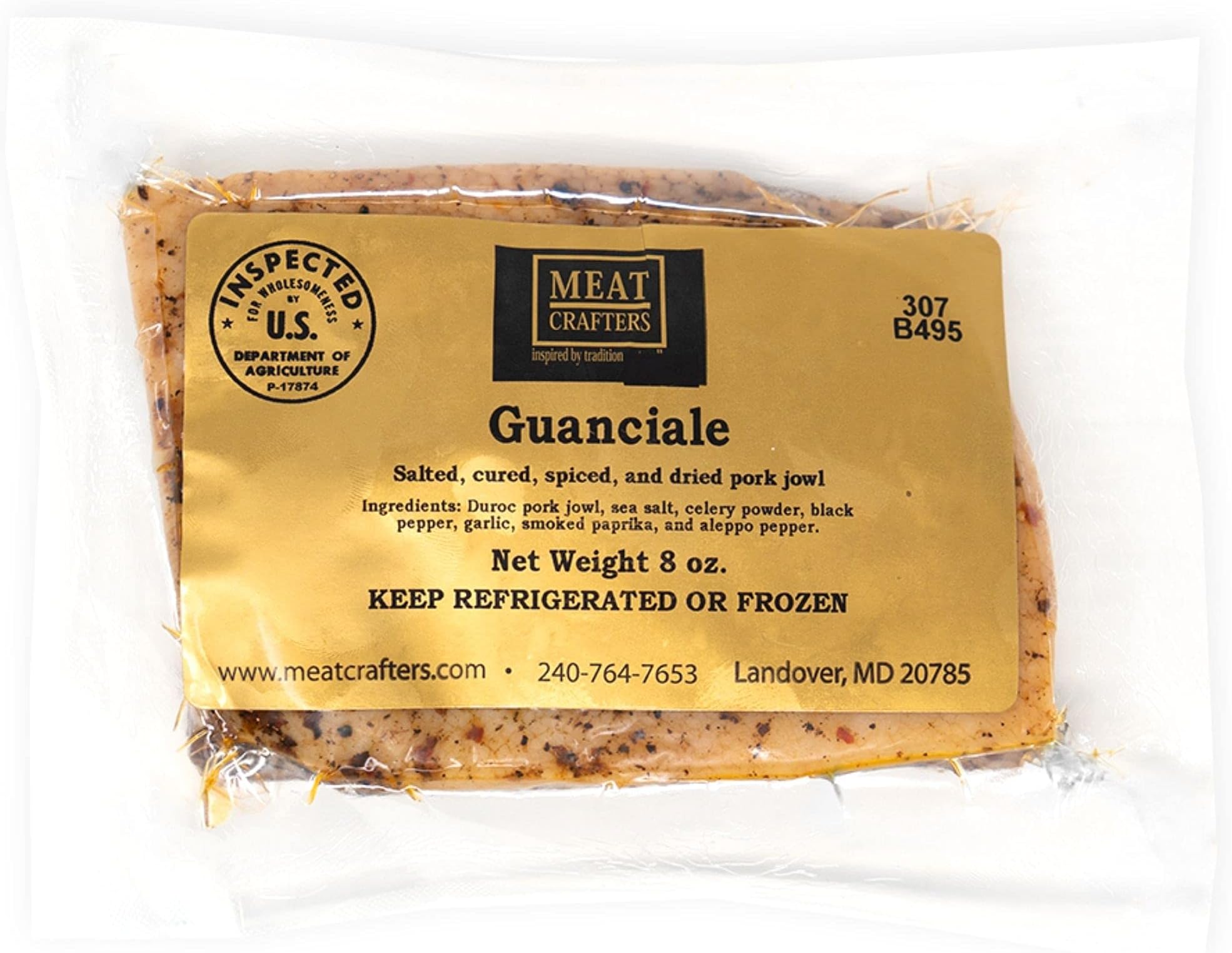 MeatCrafters Guanciale, All-Natural Duroc Pork Jowls, Unsliced, Salted, Cured, Spiced & Dried, Antibiotic Free, 8oz (4-Pack)