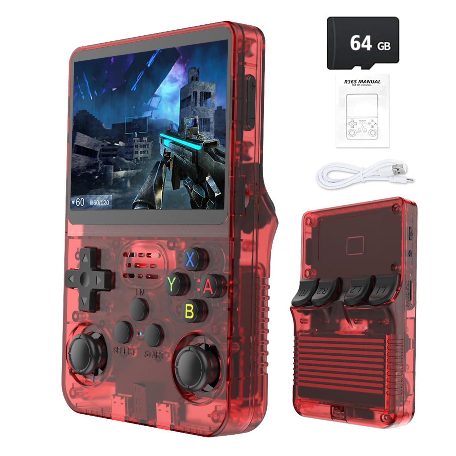 R36S Retro Handheld Game Console with 3.5" IPS Display, 64/128GB and 21,000+ Classic Games, Open Source Linux System, Screen Portable Pocket Video Player (Red-64G)