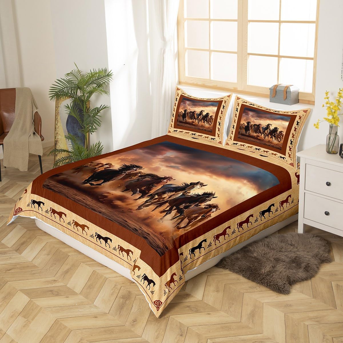 Feelyou Horse Bedding Set King Size Galloping Horse Comforter Cover Set for Boys Kids Western Decor Cute Animal Duvet Cover Kawaii Farm Cowboy Brown Bedspread Cover Room Decor Quilt Cover,No Comforter