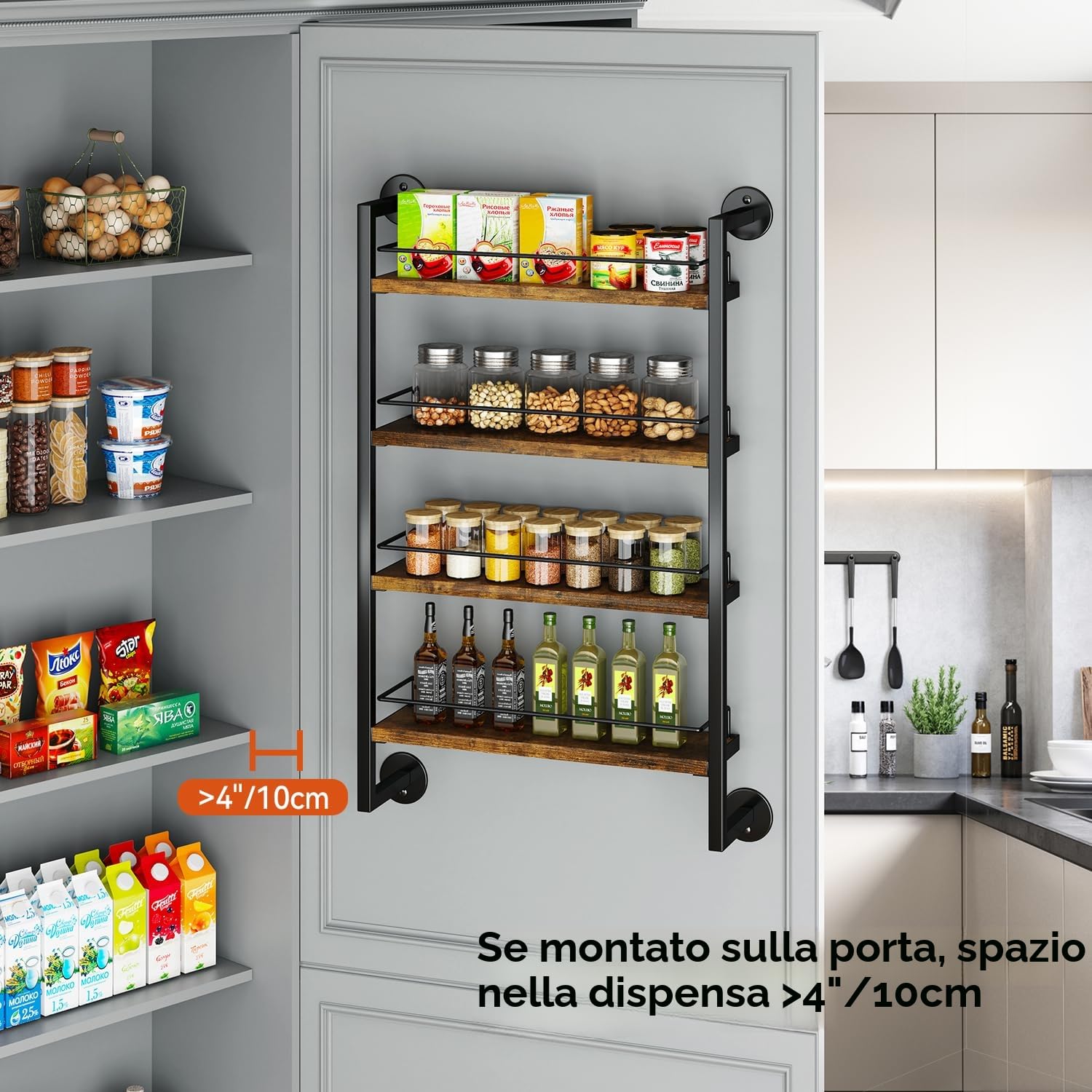 IBUYKE LJ016H - Portaspezie da parete, 4 ripiani, grande organizer per spezie fino a 50 bicchieri, in legno, per cucina, porta armadio, bagno, dispensa, marrone