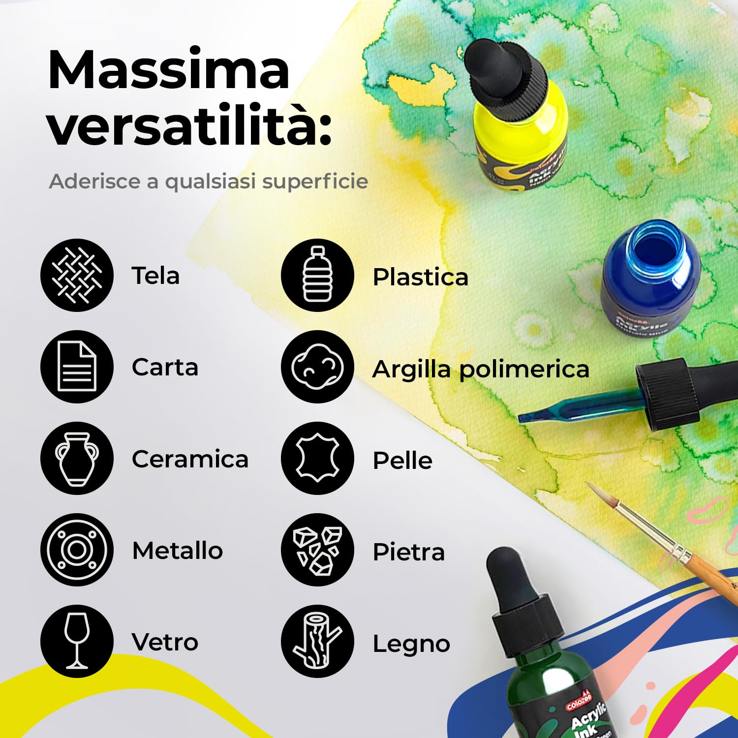 Colozoo Set di Inchiostri Acrilici 8x20ml, permanenti e impermeabili, 6 colori primari e 2 neon, pittura liquida per aerografo, pouring, medium acrilico, per tutte le superfici