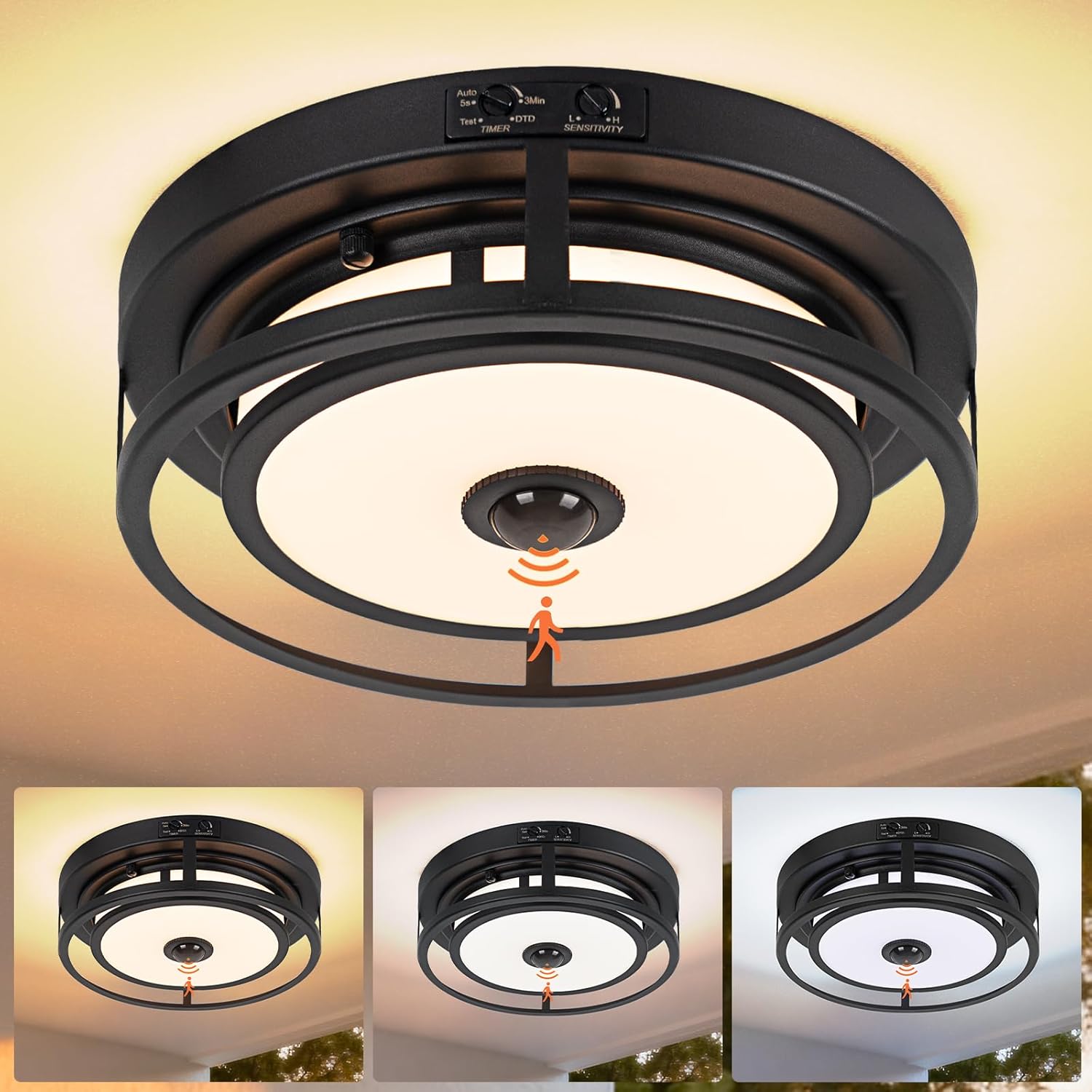 12IN LED Motion Sensor Outdoor Ceiling Light, Flush Mount Ceiling Light Fixtures, 3CCT 3000-5000K Dusk to Dawn Ceiling Porch Light Motion Sensor Outdoor Lights Waterproof for Porch Entryway Garage