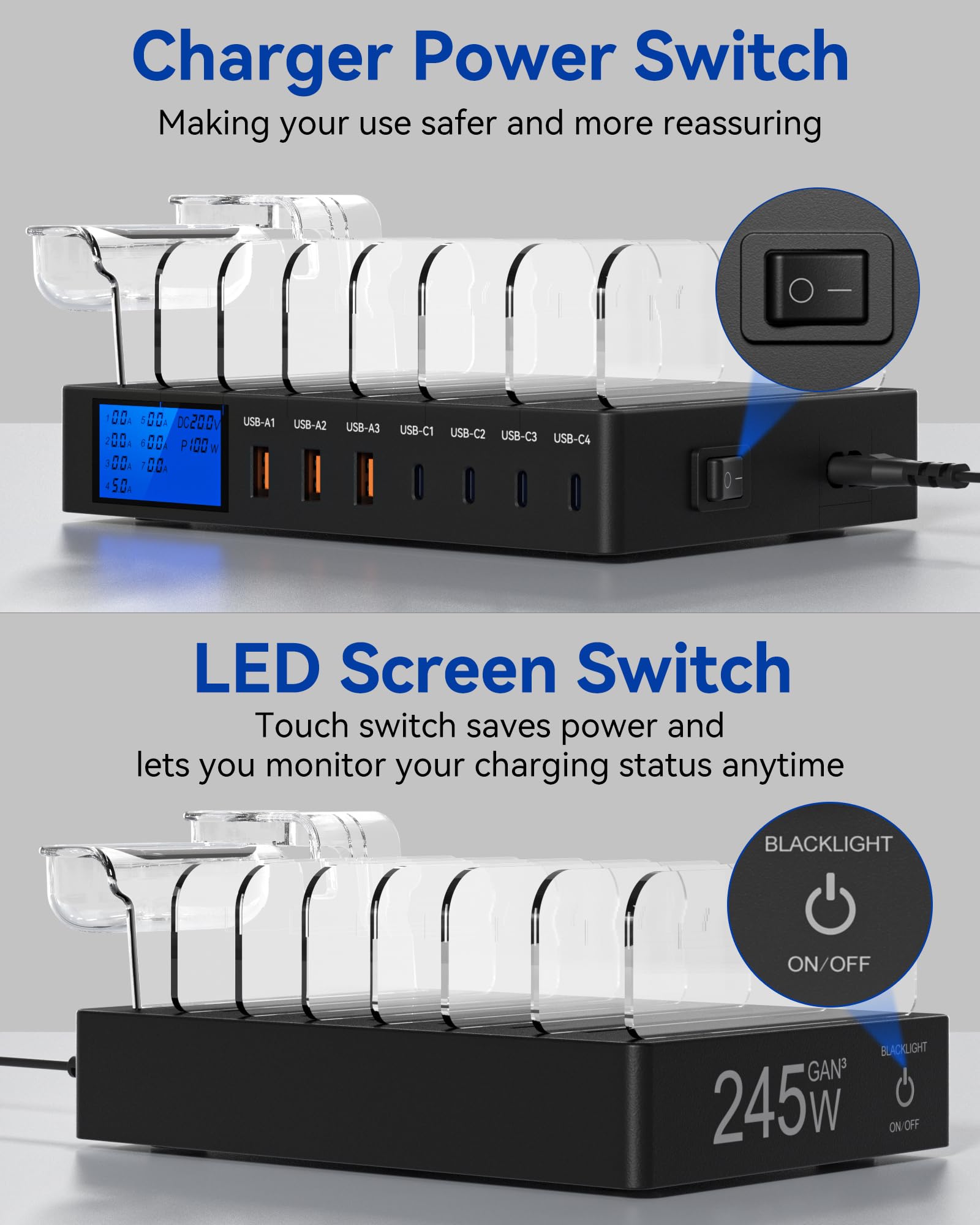 Rsydmny Laadstation voor meerdere apparaten, 245W 7-poorts mobiele telefoon laadstation met LCD-scherm, 100W PD USB C snellader, voor iPad, iPhone, Android, tablet en andere elektronische apparaten (7