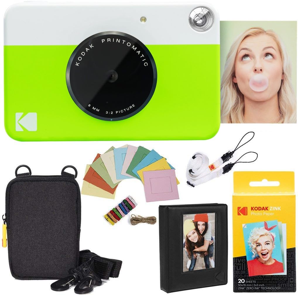 Kodak Printomatic Instant Camera (Green) Deluxe Bundle + Zink Paper (20 Sheets) + Deluxe Case + Photo Album + Hanging Frames + Comfortable Neck Strap