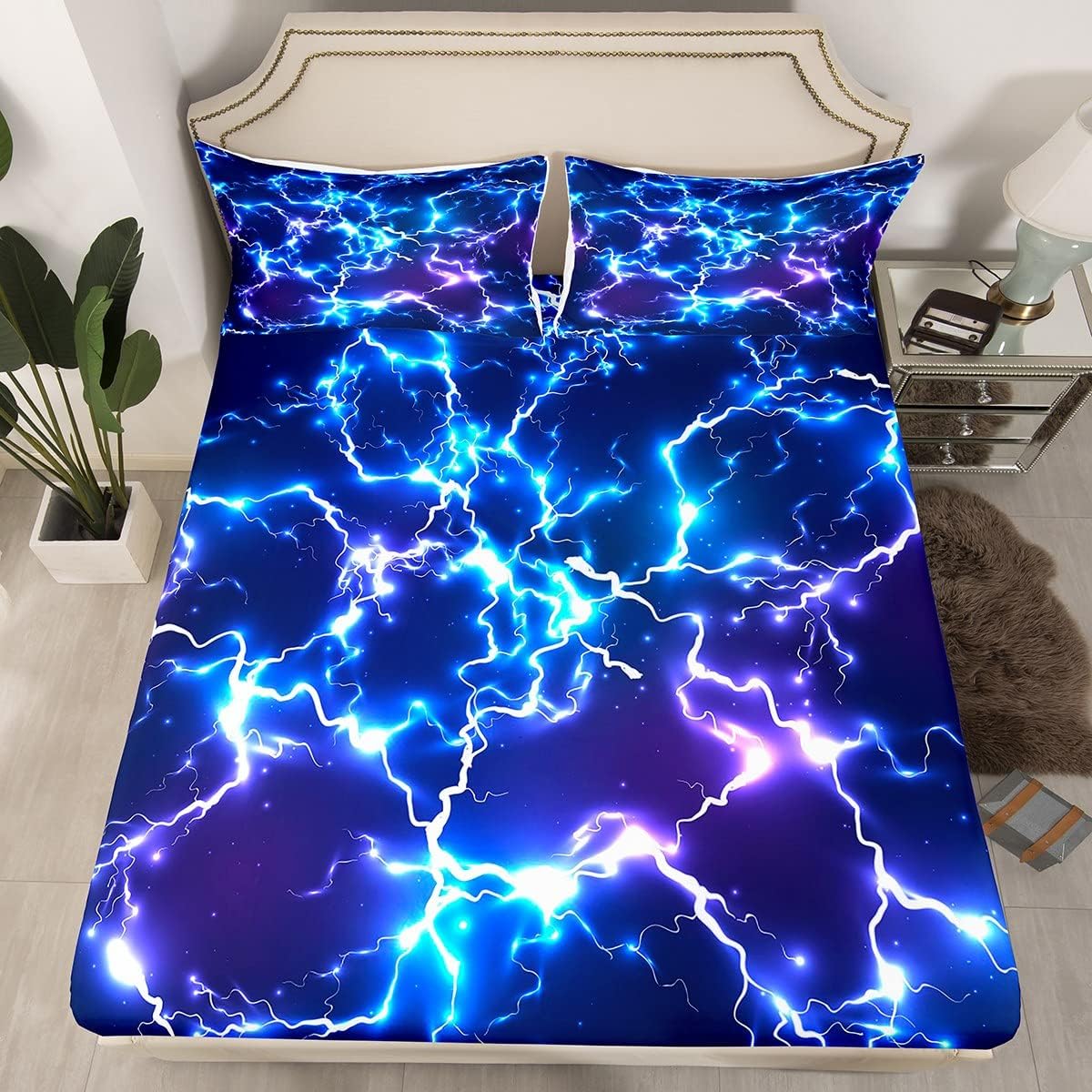 3D Game Lightning Fitted Sheet Full,Neon Blue Lightning Strike Bedding Set 4pcs for Kids Boys Teens Gamer Room Decor,Fashion Shiny Bed Sheet Set Modern Gaming Cool Top Flat Sheet with 2 Pillowcases image 2