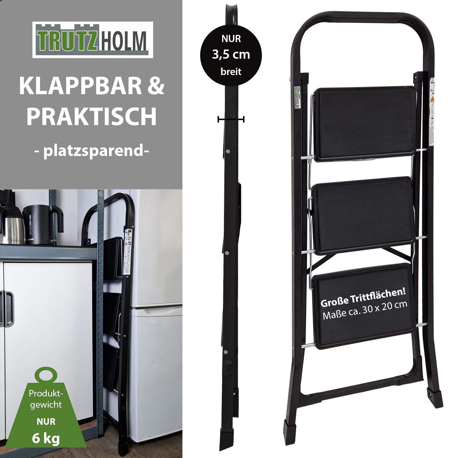 TRUTZHOLM Trittleiter 2 oder 3 Stufen klappbar TÜV/GS Zertifiziert 150 kg Klappleiter Anti-Rutsch Trittflächen & Sicherheitsverriegelung Klapptritt Haushaltstritt Stahl Leiter (Schwarz, 3 Stufen)